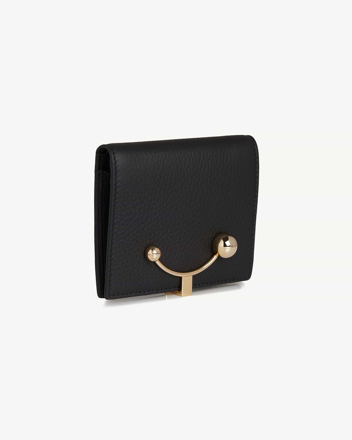 Black crescent wallet in pebbled leather with gold curved bar and ball clasp.