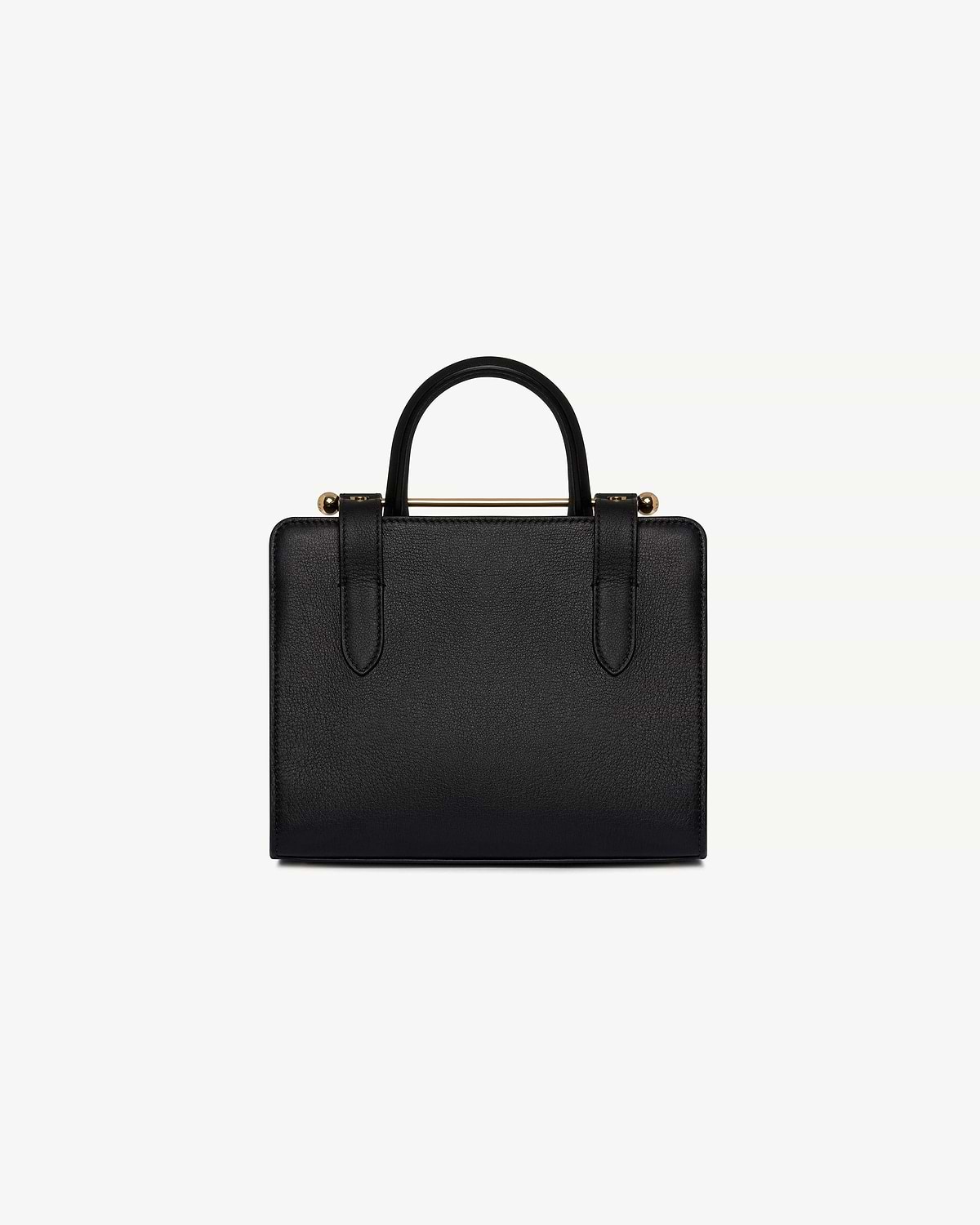 Top of black mini tote with rounded top handles and gold-tone bar hardware.