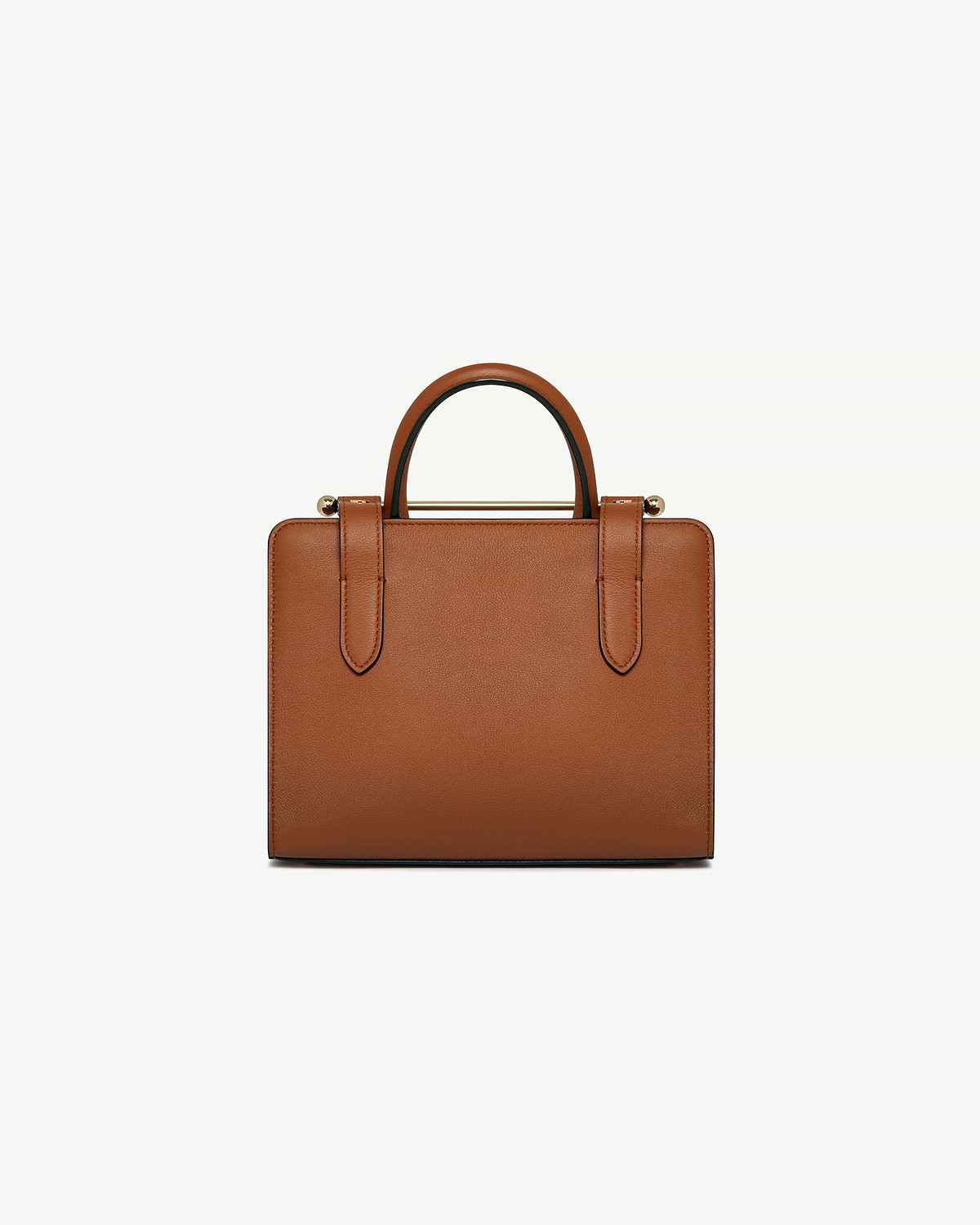 Chestnut mini tote with rounded top handles and gold bar hardware, front view.