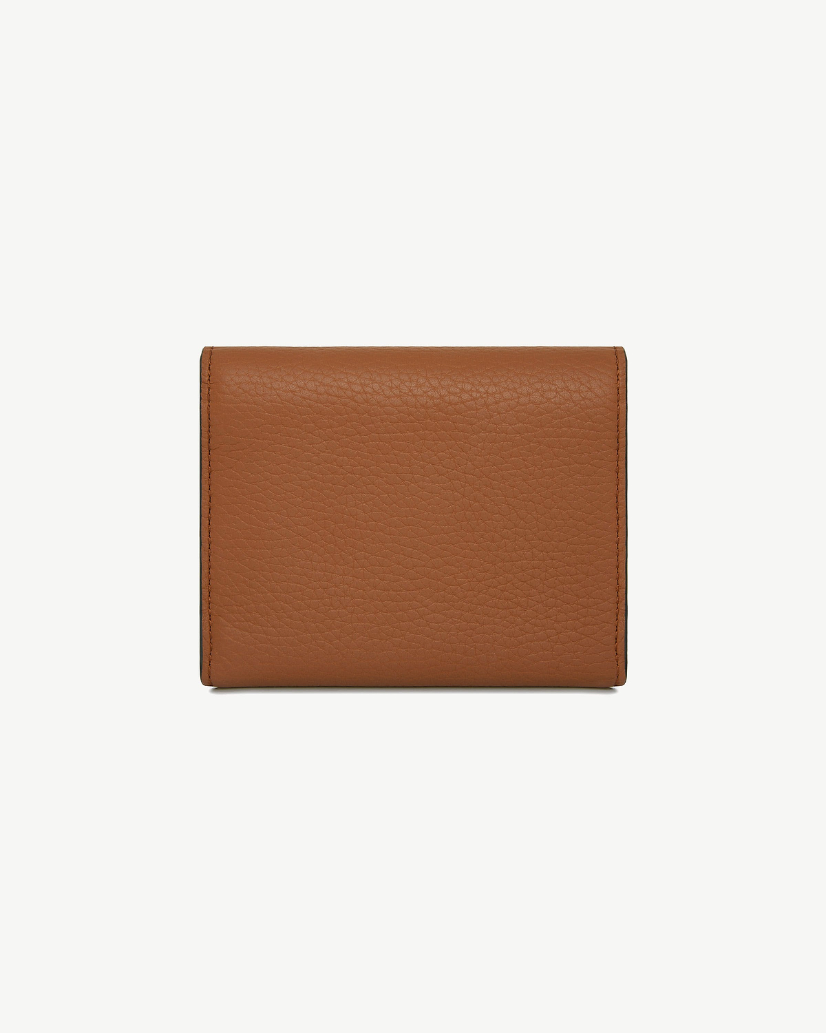 Closed tan pebbled leather trifold wallet with visible grain and stitched edges on white background