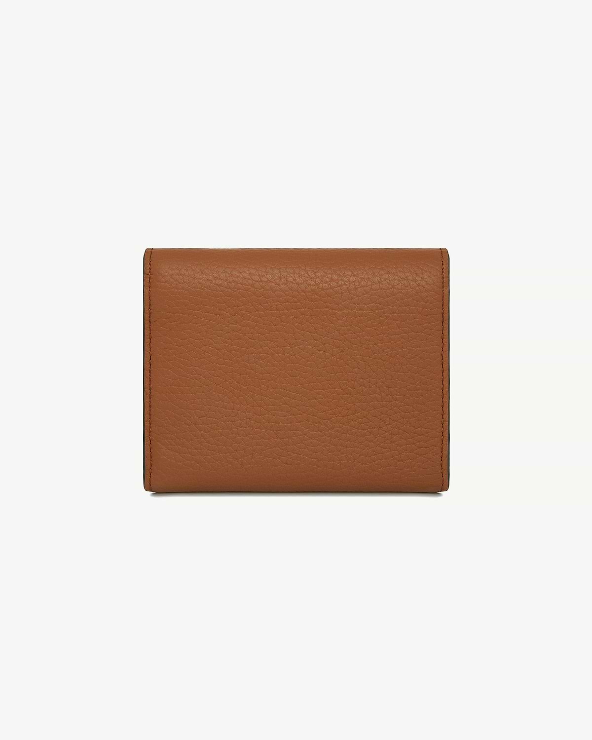 Closed tan pebbled leather trifold wallet with visible grain and stitched edges on white background