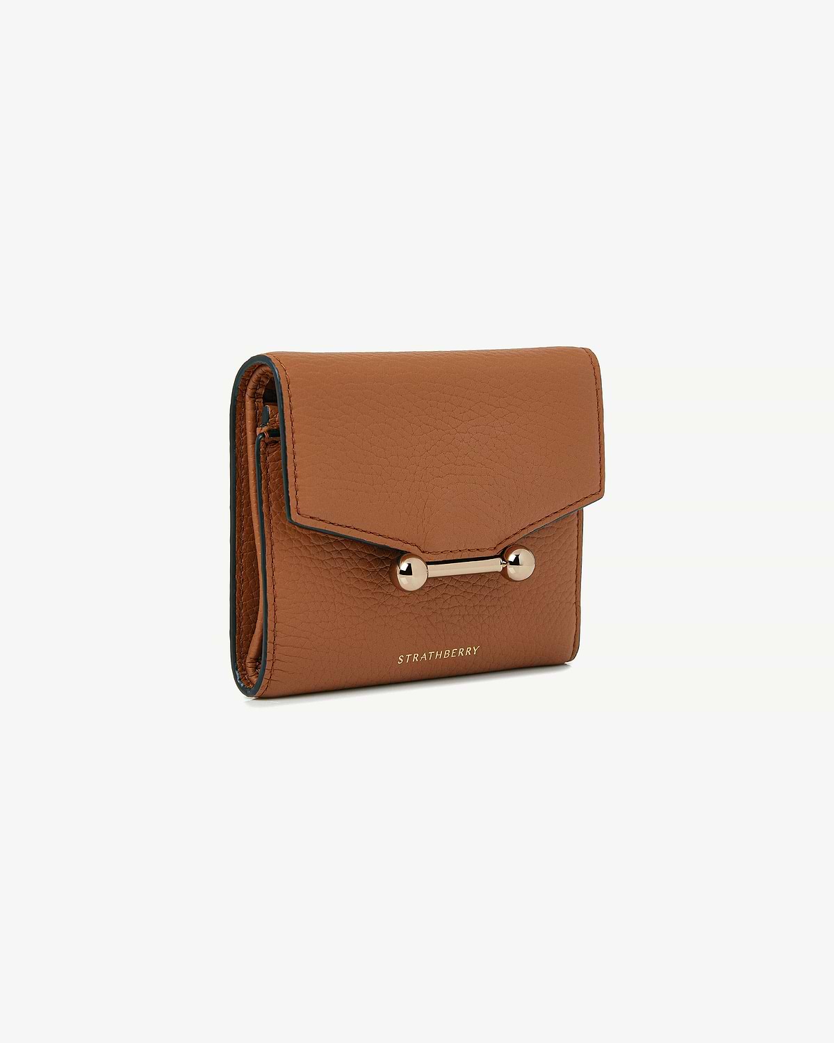 Tan textured leather Mosaic trifold wallet with gold bar closure and Strathberry logo.