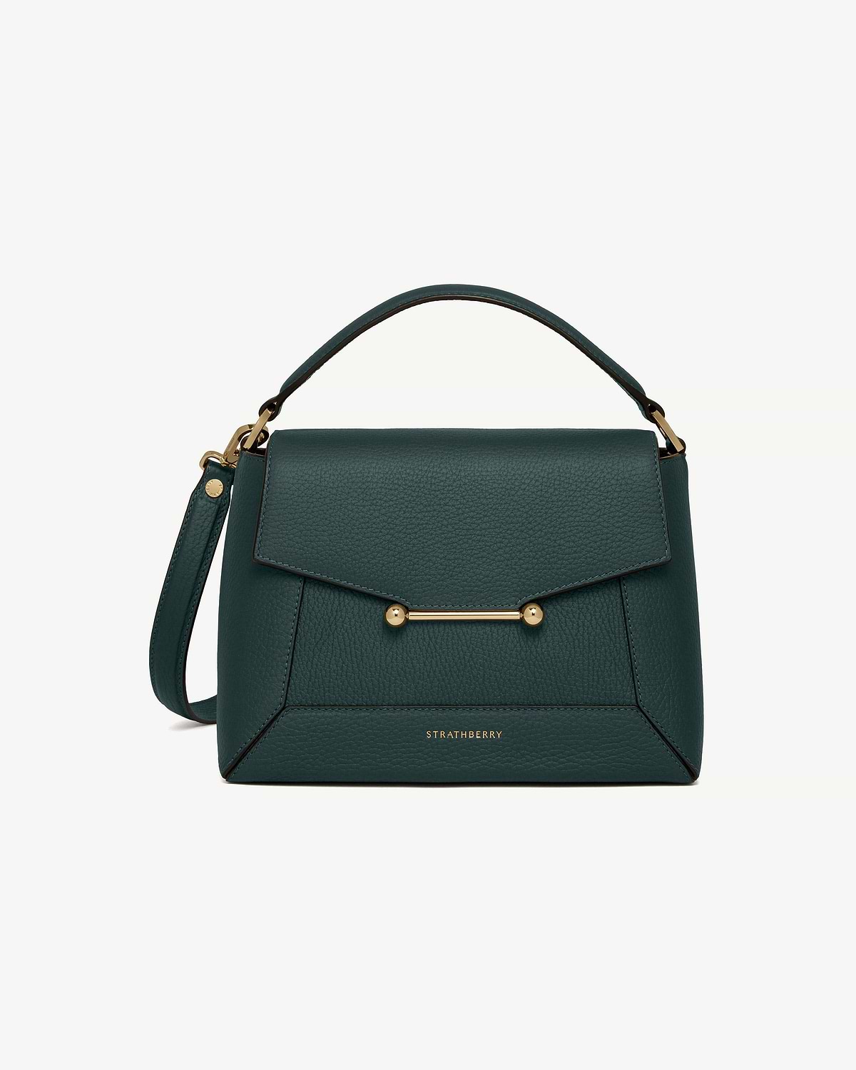 Bottle green Strathberry mosaic bag with top handle and gold bar detail