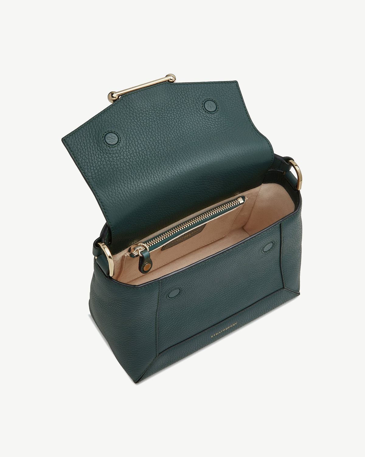 Bottle green Strathberry Mosaic bag open showing beige interior and gold zip.