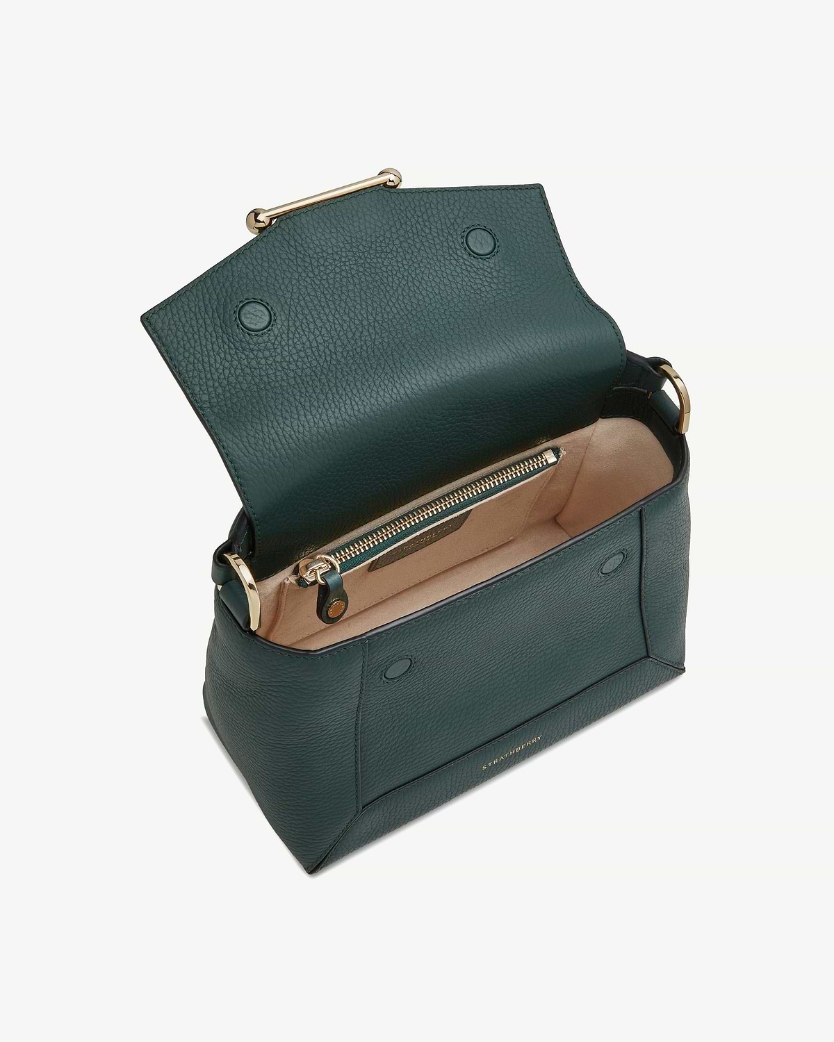 Bottle green Strathberry Mosaic bag open showing beige interior and gold zip.