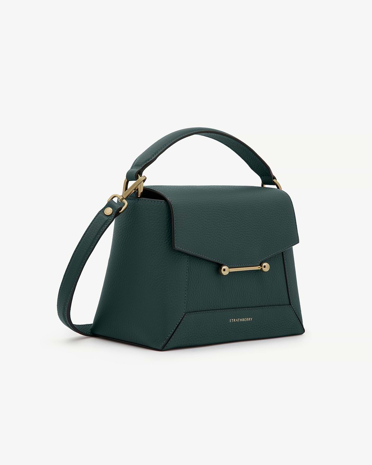 Bottle green Strathberry Mosaic bag with top handle and shoulder strap.