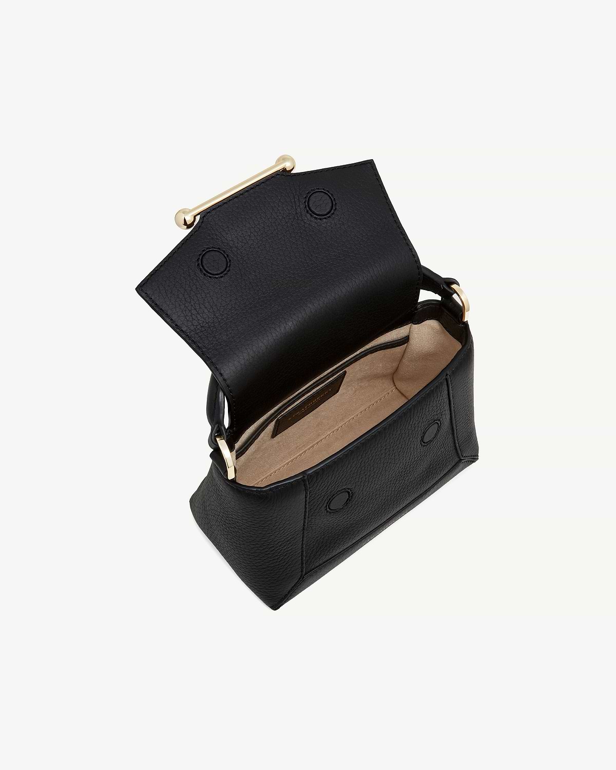 Black Mosaic Nano bag open, showing beige interior lining and gold bar hardware.