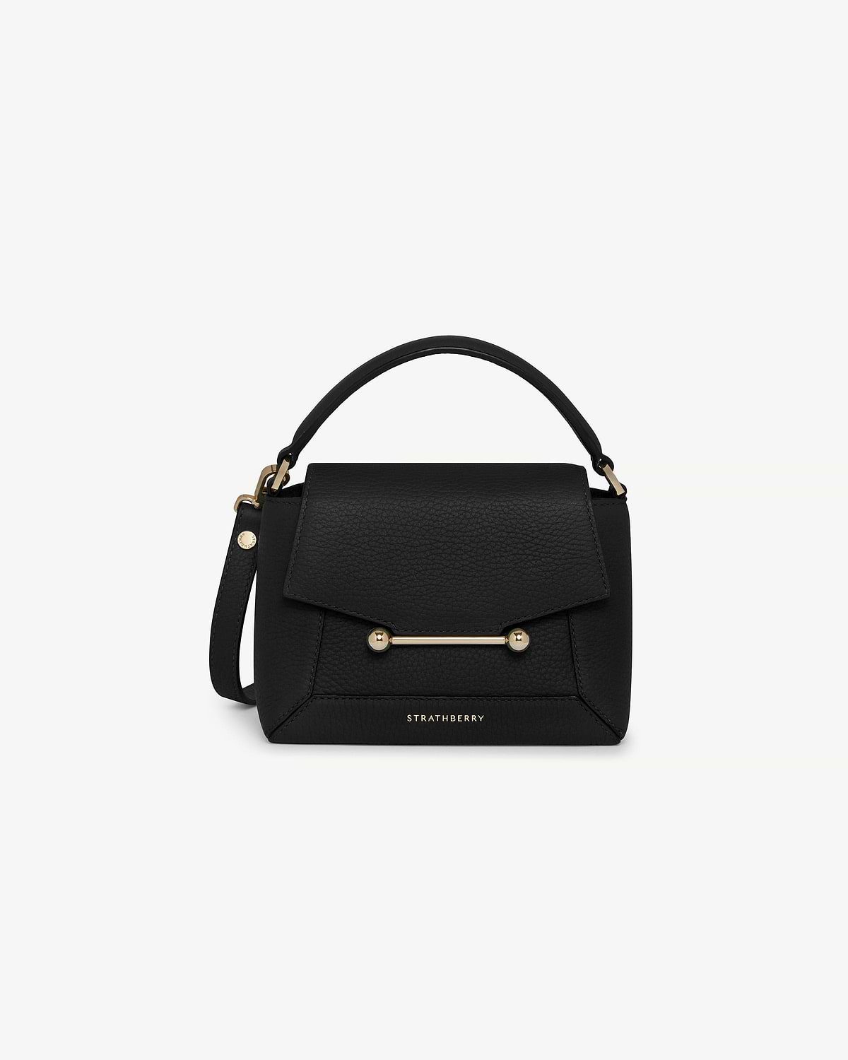 Black Strathberry Mosaic Nano bag with top handle, gold bar detail and detachable strap.