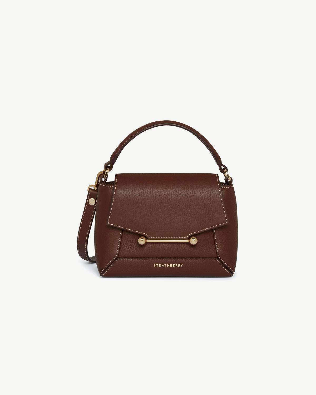 Strathberry Mosaic Nano bag in chocolate leather with vanilla stitching.