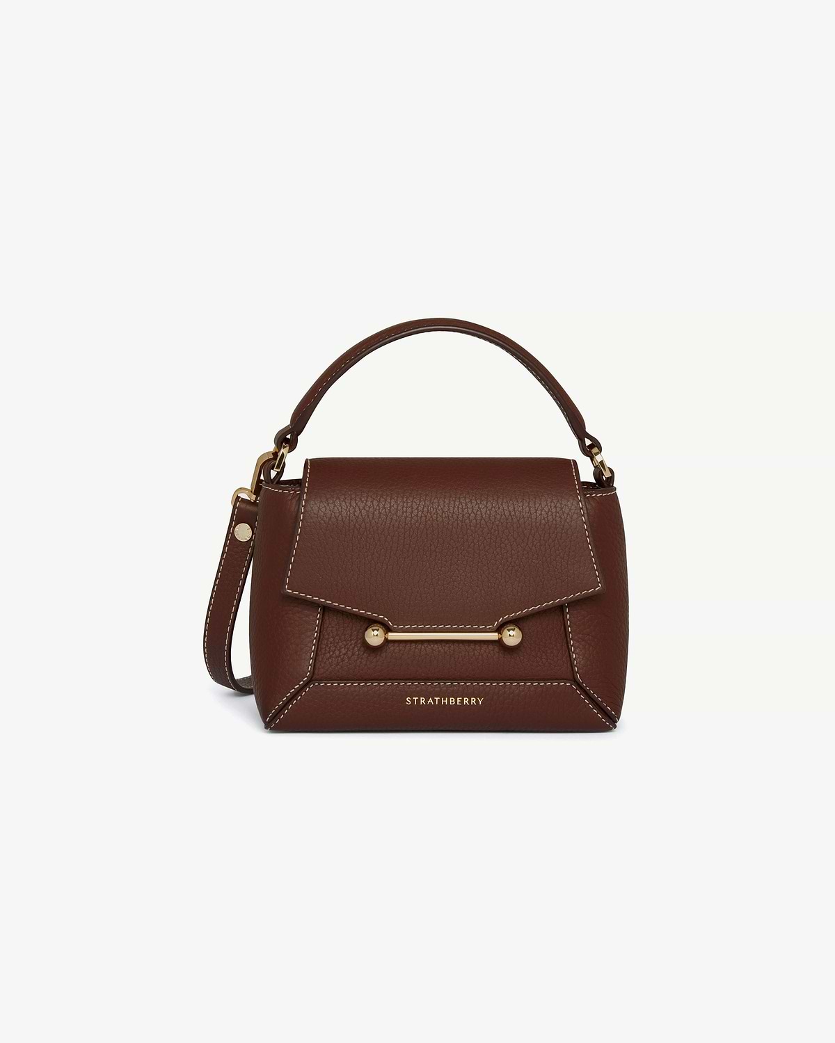 Strathberry Mosaic Nano bag in chocolate leather with vanilla stitching.