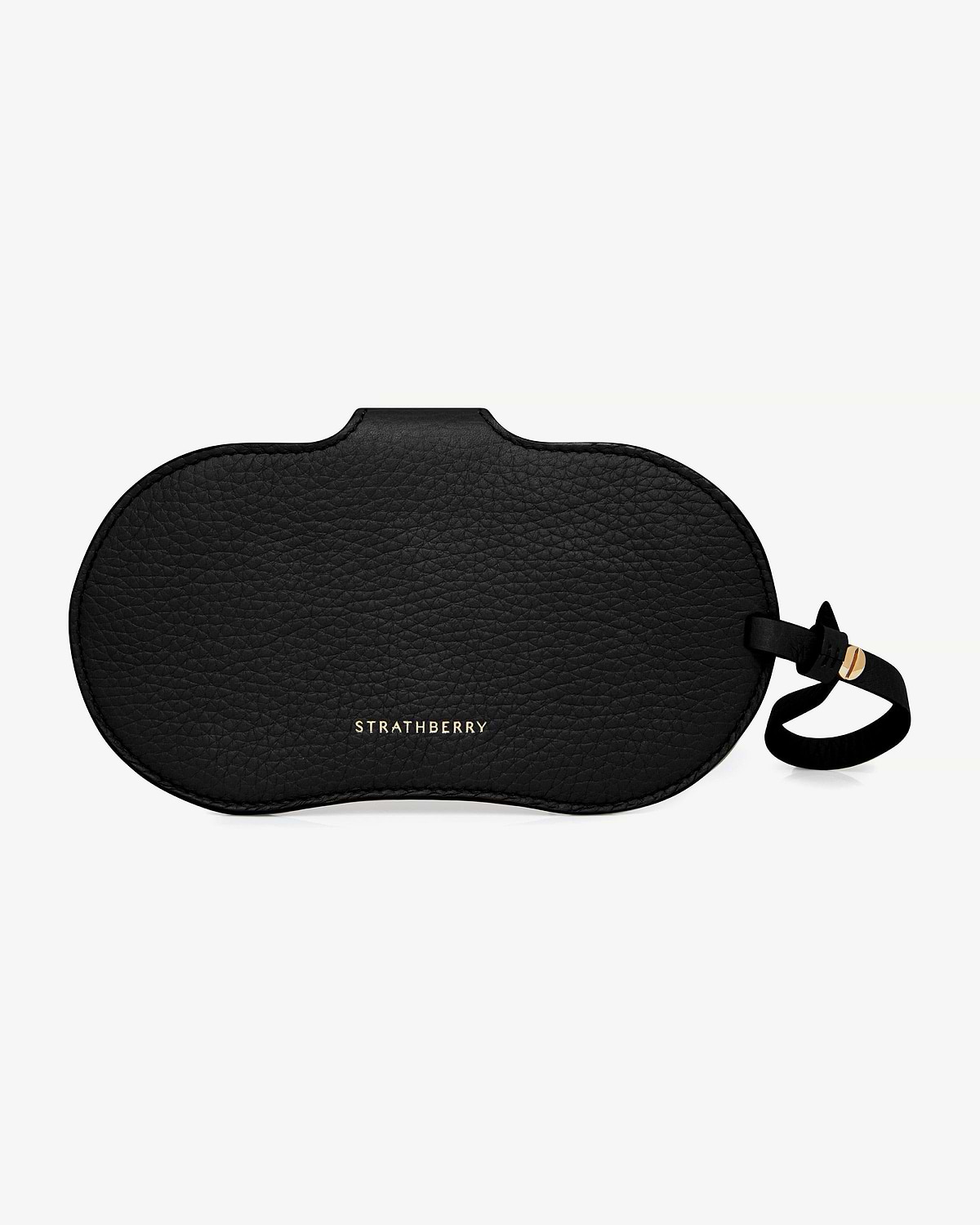 Black Multrees sunglasses case with gold Strathberry logo and leather wrist strap.