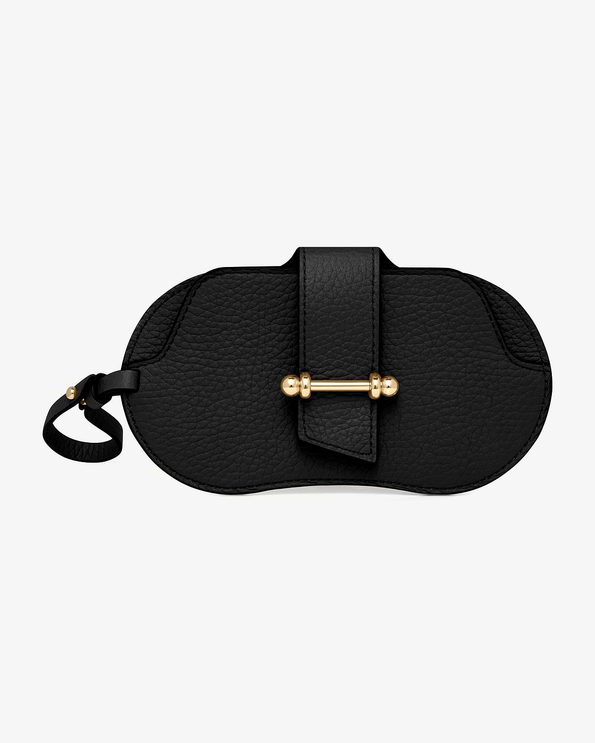 Black pebbled leather sunglasses case with gold bar clasp and strap.