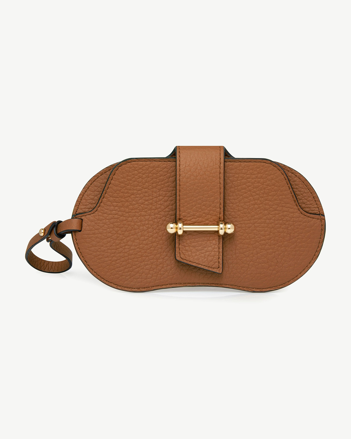 Tan pebbled leather sunglasses case with gold bar clasp and leather wrist loop