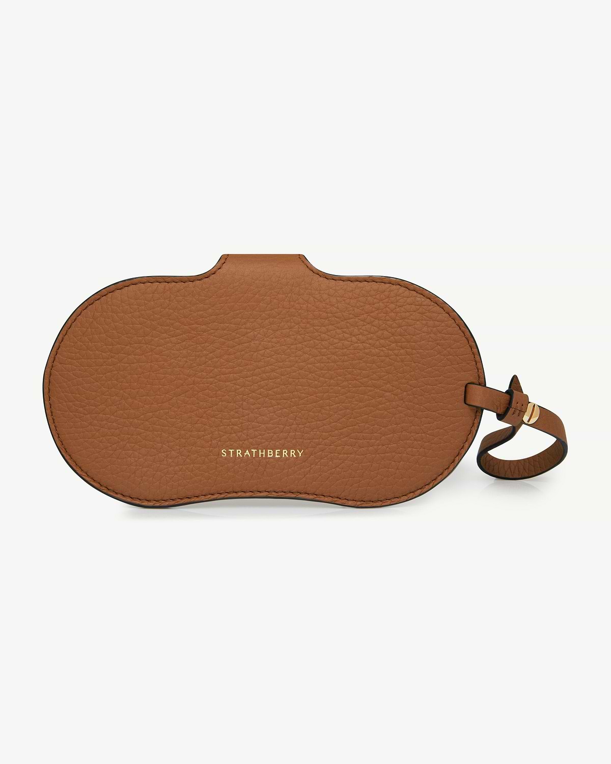 Tan pebbled leather Strathberry sunglasses case with strap and gold logo