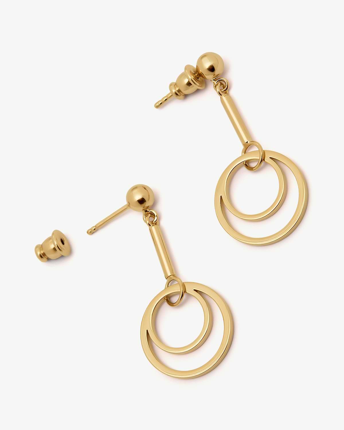 22 carat gold gilded circle drop earrings with two concentric rings and stud posts