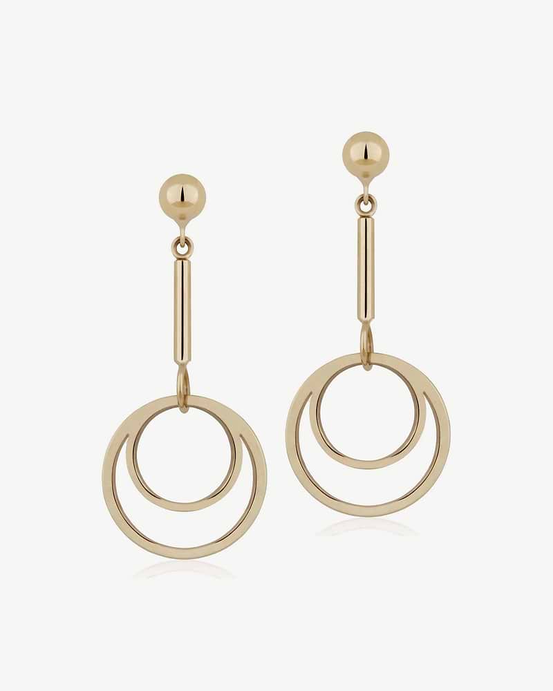 Pair of 22 carat gold-gilded circle drop earrings with two concentric rings.