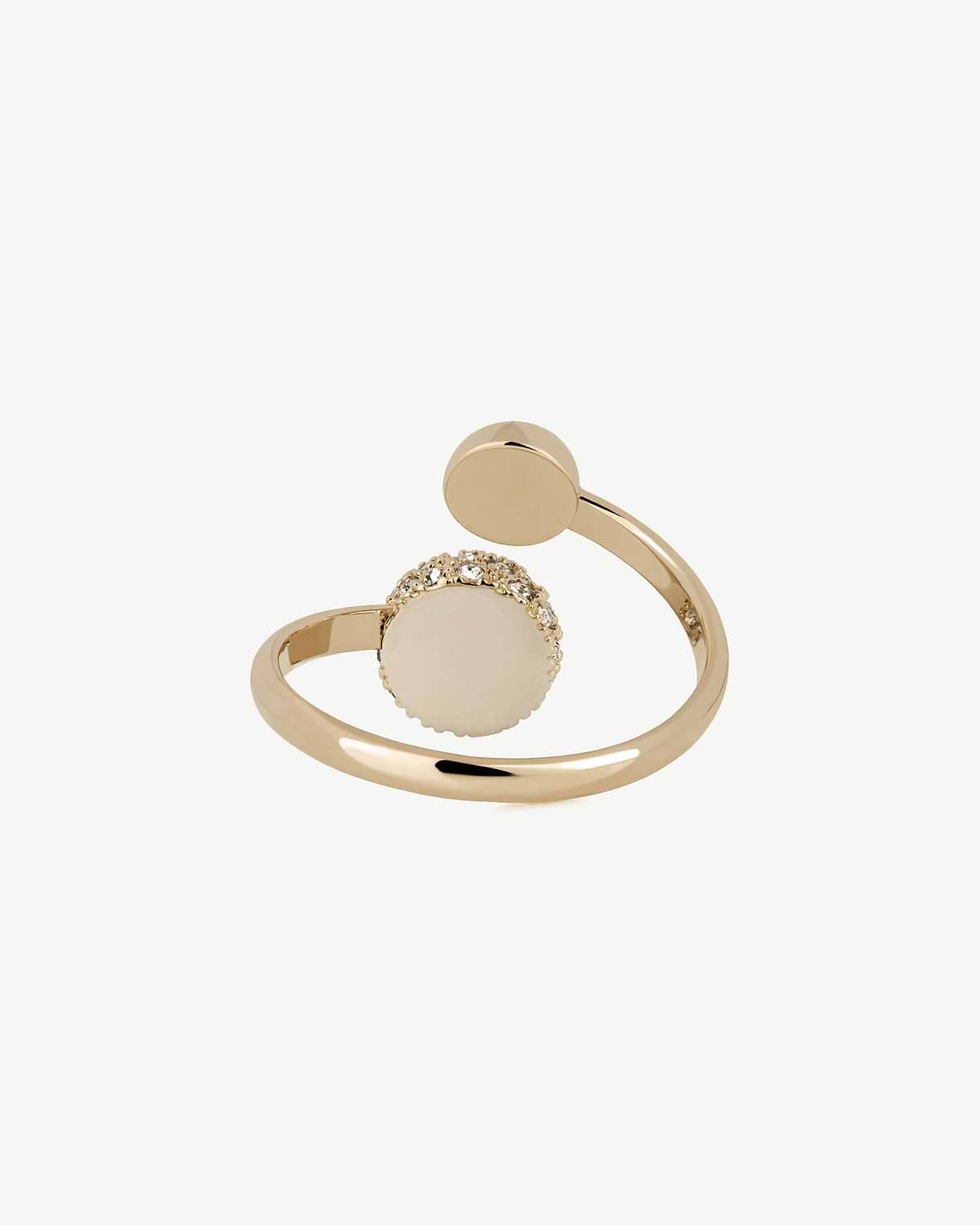 22 carat gold gilded crescent crystal ring with open band and round discs
