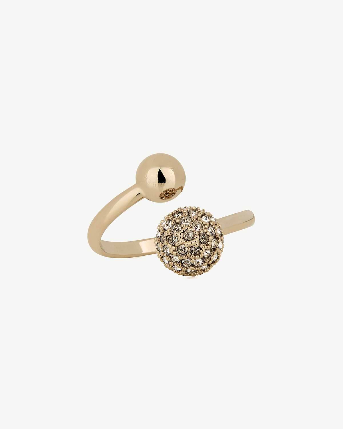 22-carat gold-gilded crescent ring with crystal-studded spherical end on white background