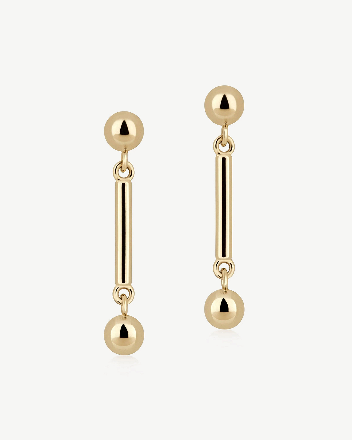 Pair of 22 carat gold-gilded music bar drop earrings with spherical studs.
