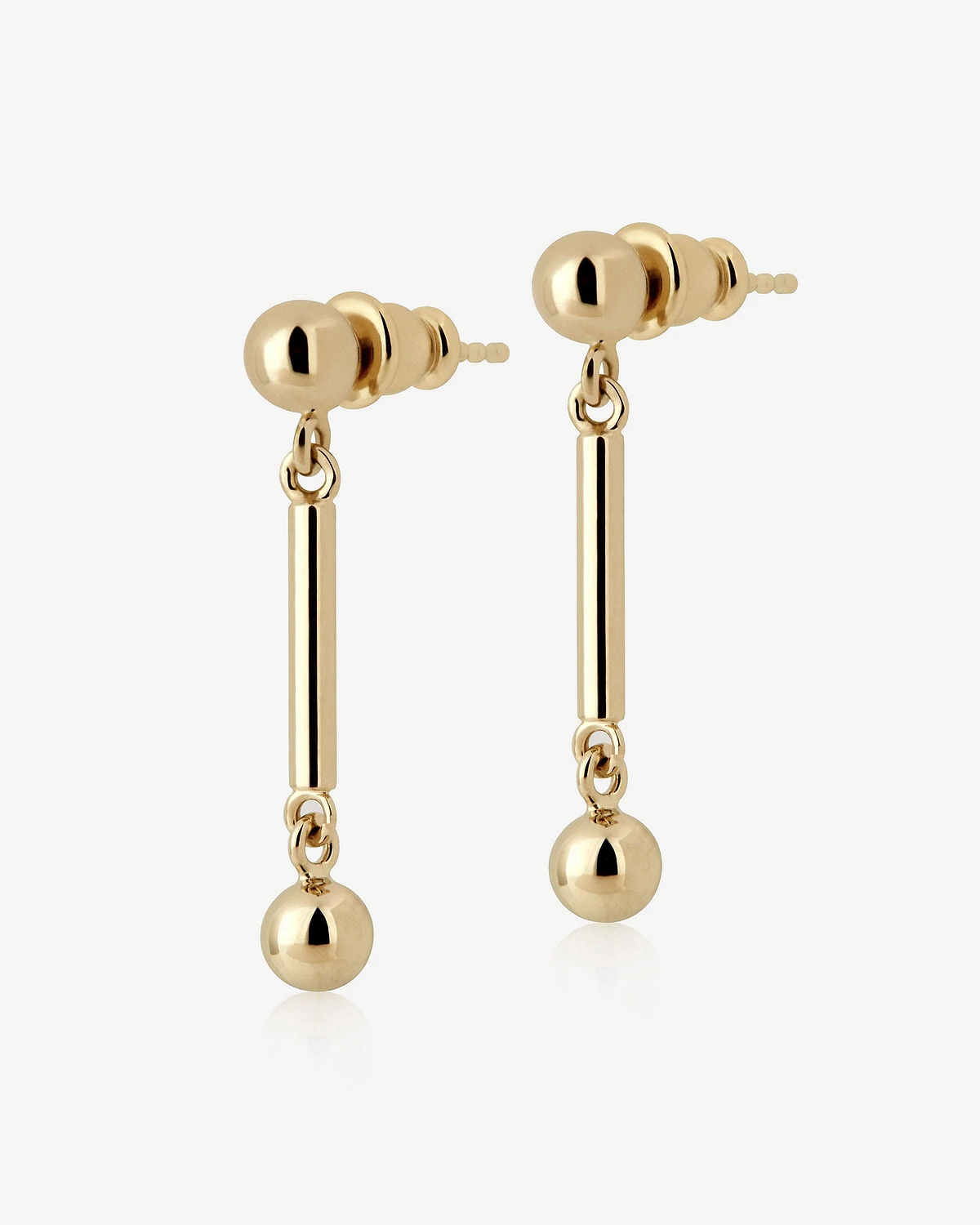 Pair of 22 carat gold-gilded music bar drop earrings with polished ball ends.