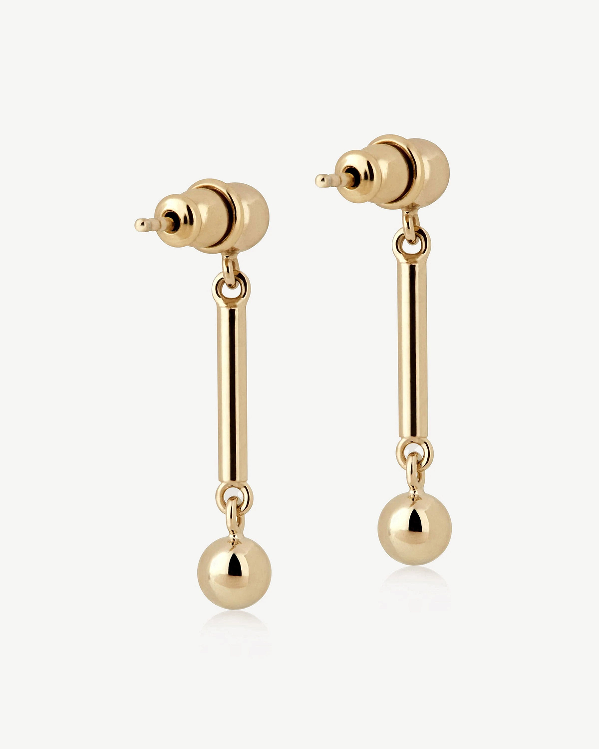 Pair of 22 carat gold gilded music bar drop earrings with ball ends.