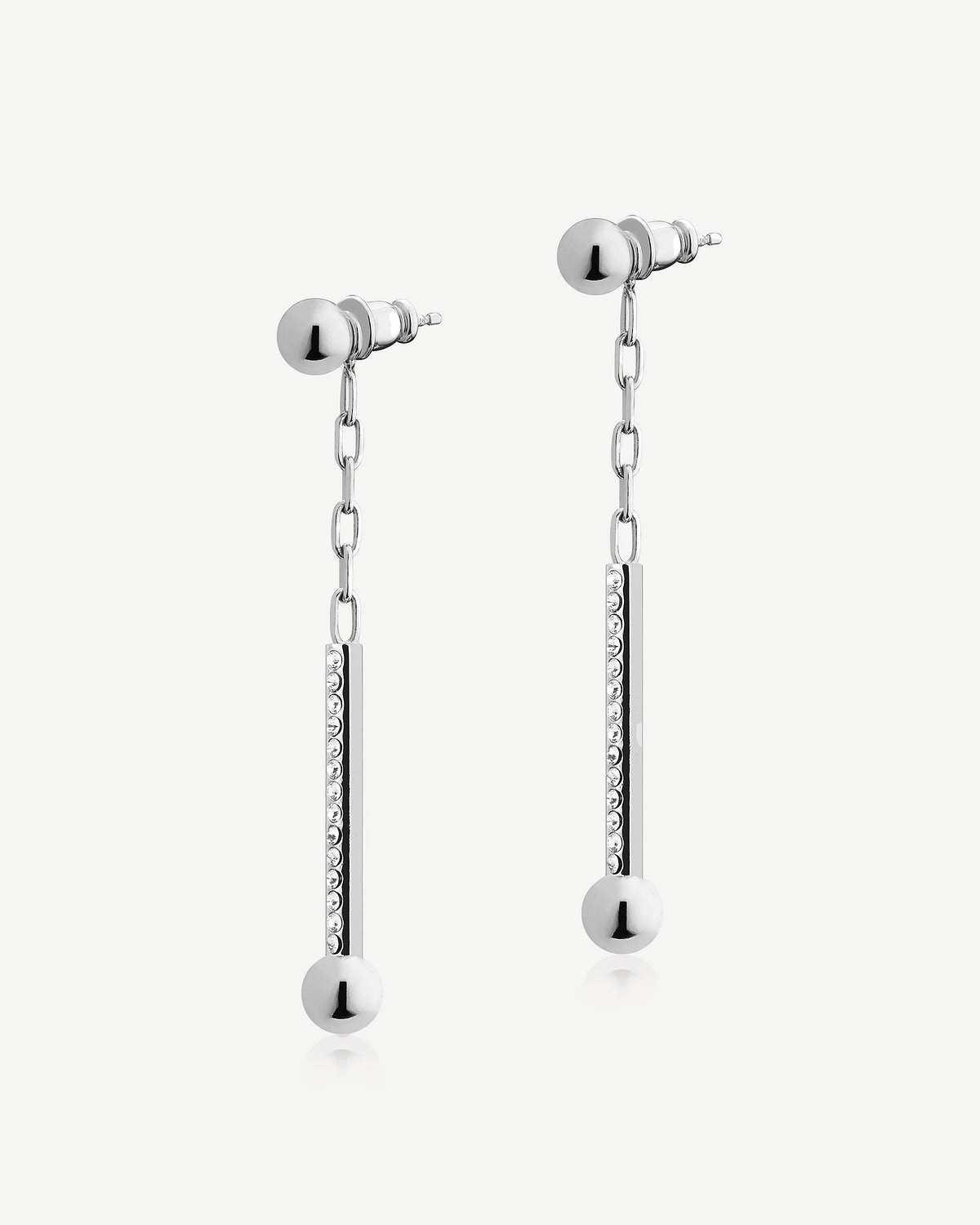 Pair of silver drop earrings with chains, crystal-studded bars and polished ball ends.