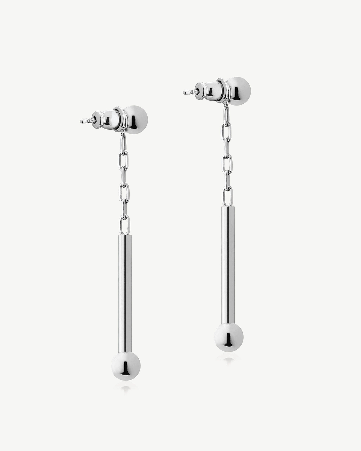 Pair of silver drop earrings with thin chain and ball-ended bars