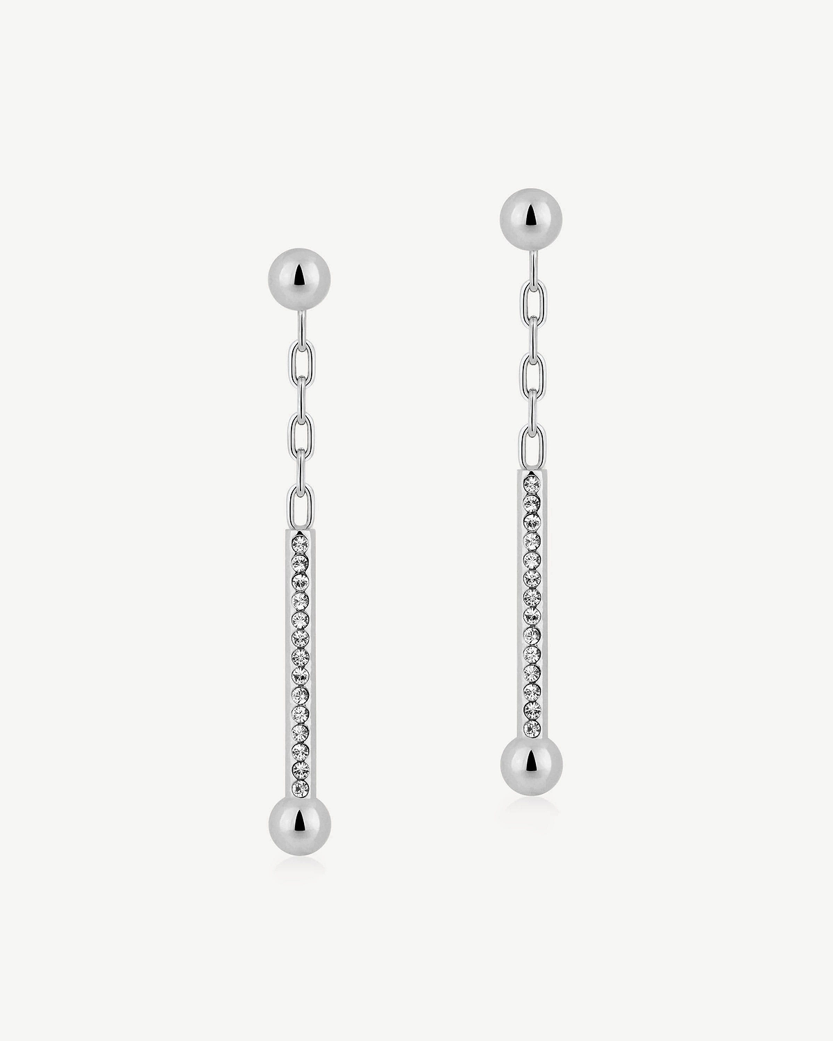 Pair of silver drop earrings with chain, crystal-set vertical bars and ball ends.