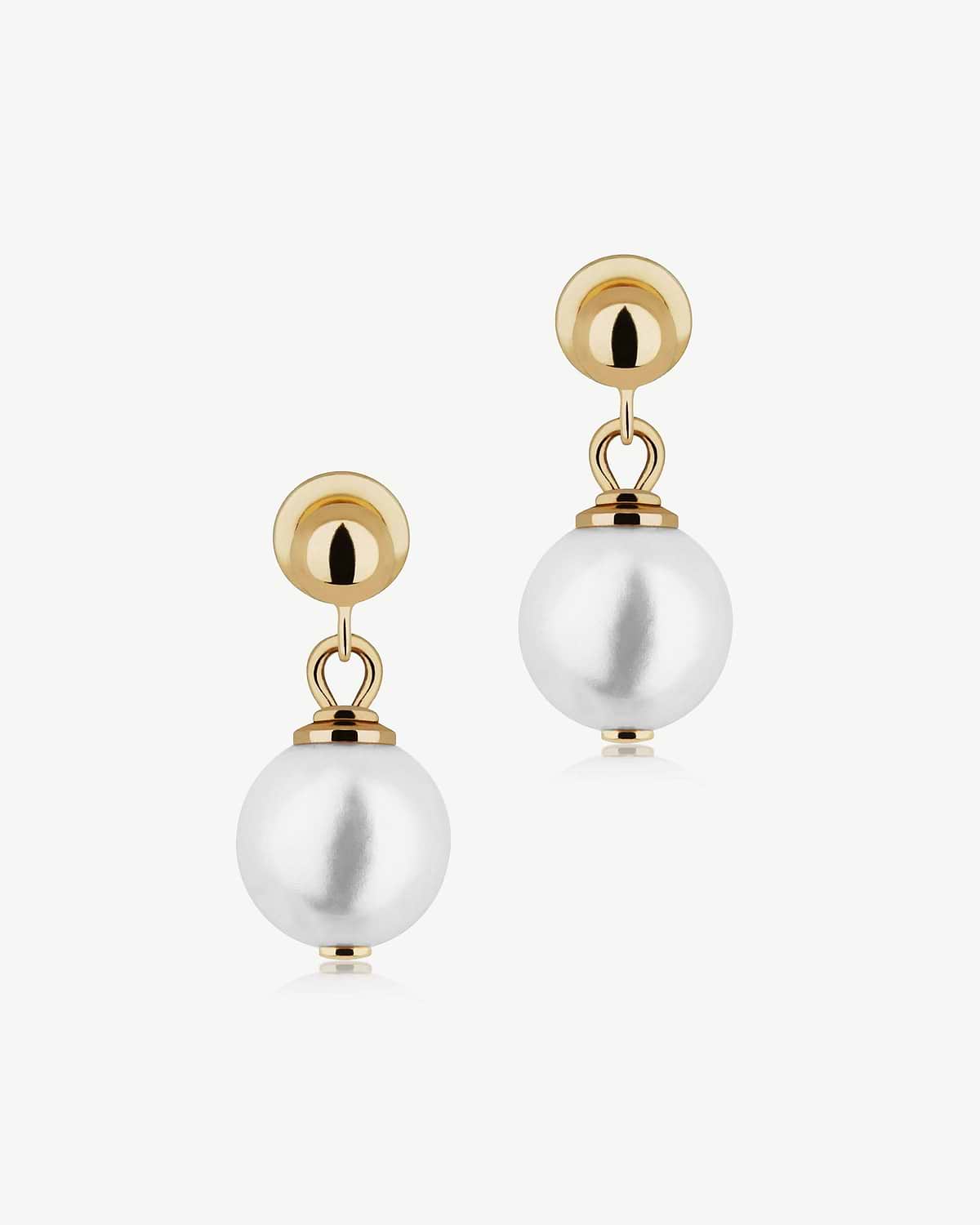 Drop pearl earrings with 24 carat gold gilded round studs and white pearls.