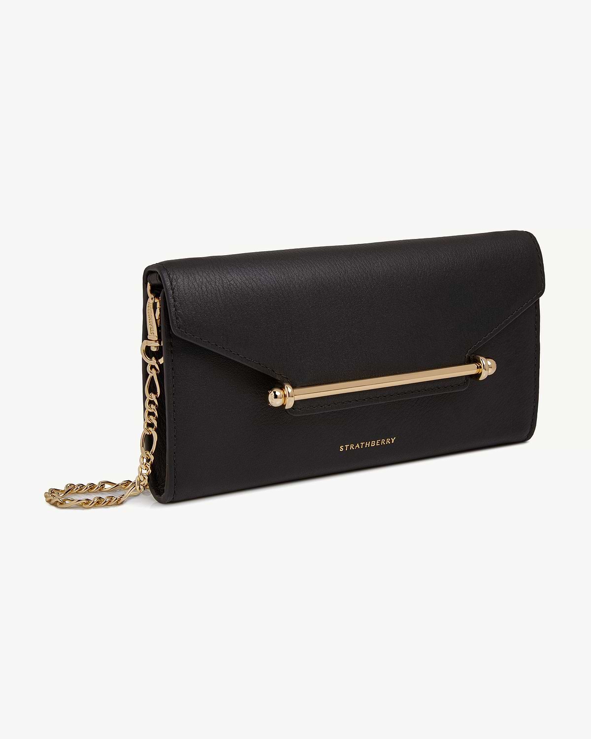 Black Strathberry Multrees chain wallet with gold bar detail and chain strap.