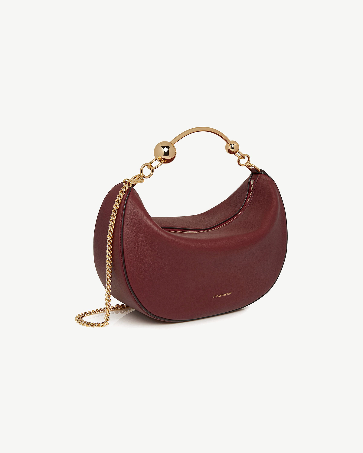 Strathberry Crescent Moon oxblood leather bag with gold chain and top handle