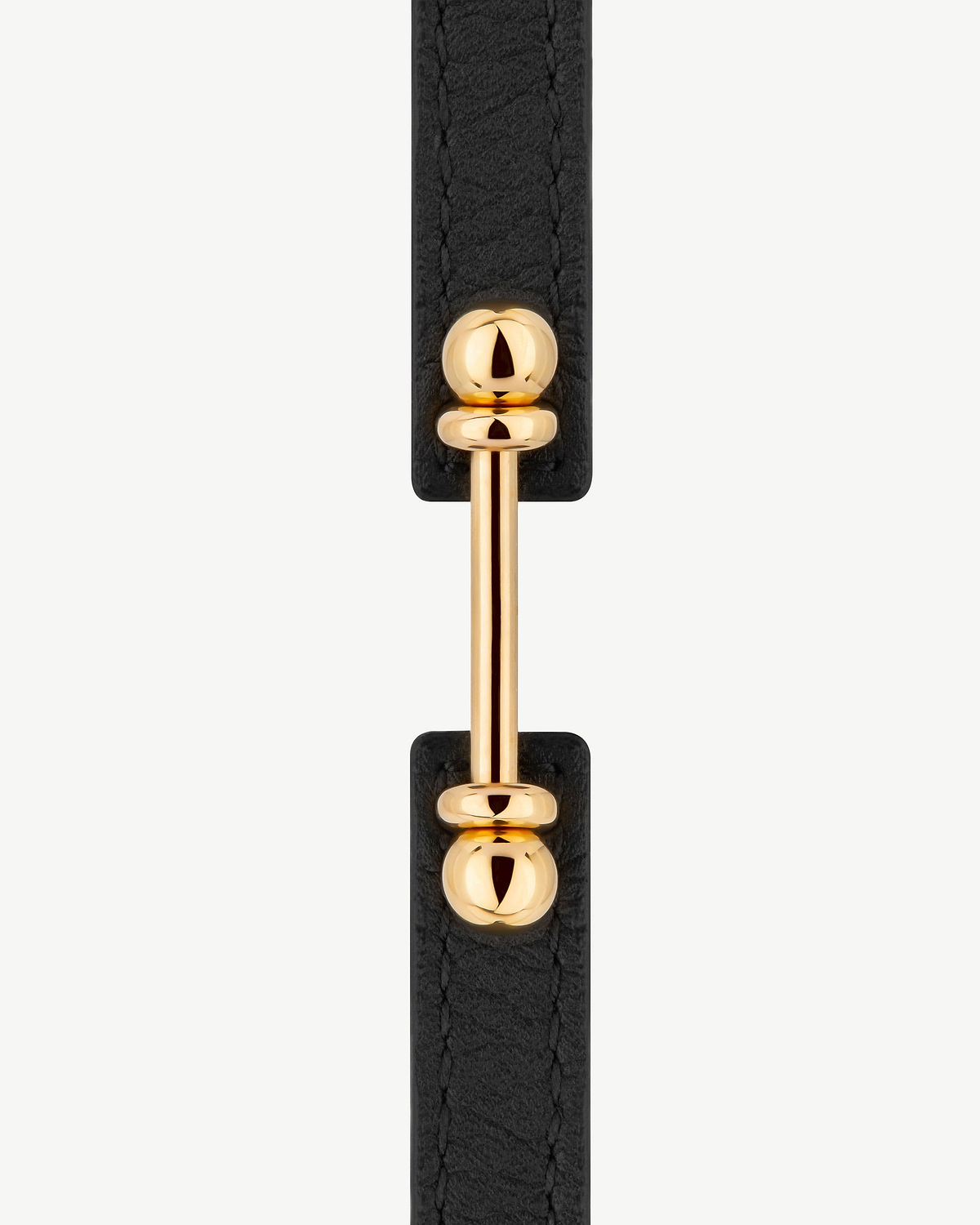 Black leather bracelet strap with gold bar and spherical end hardware.
