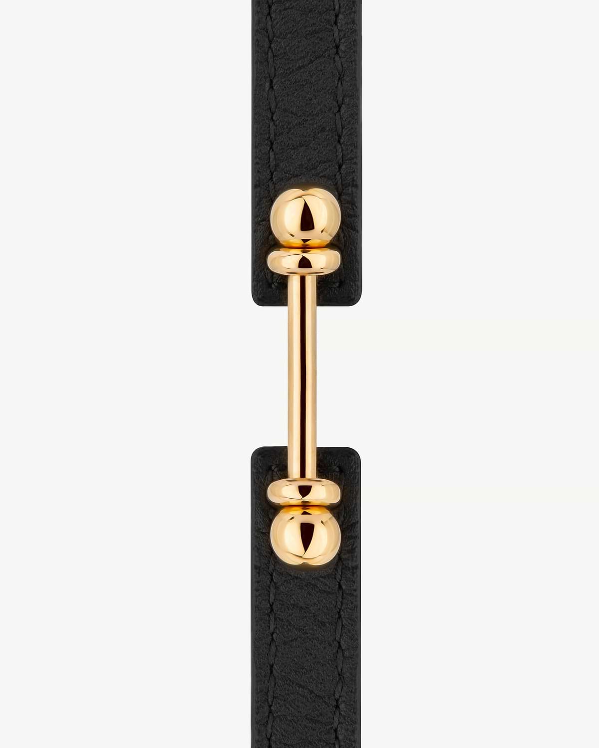 Black leather bracelet strap with gold bar and spherical end hardware.