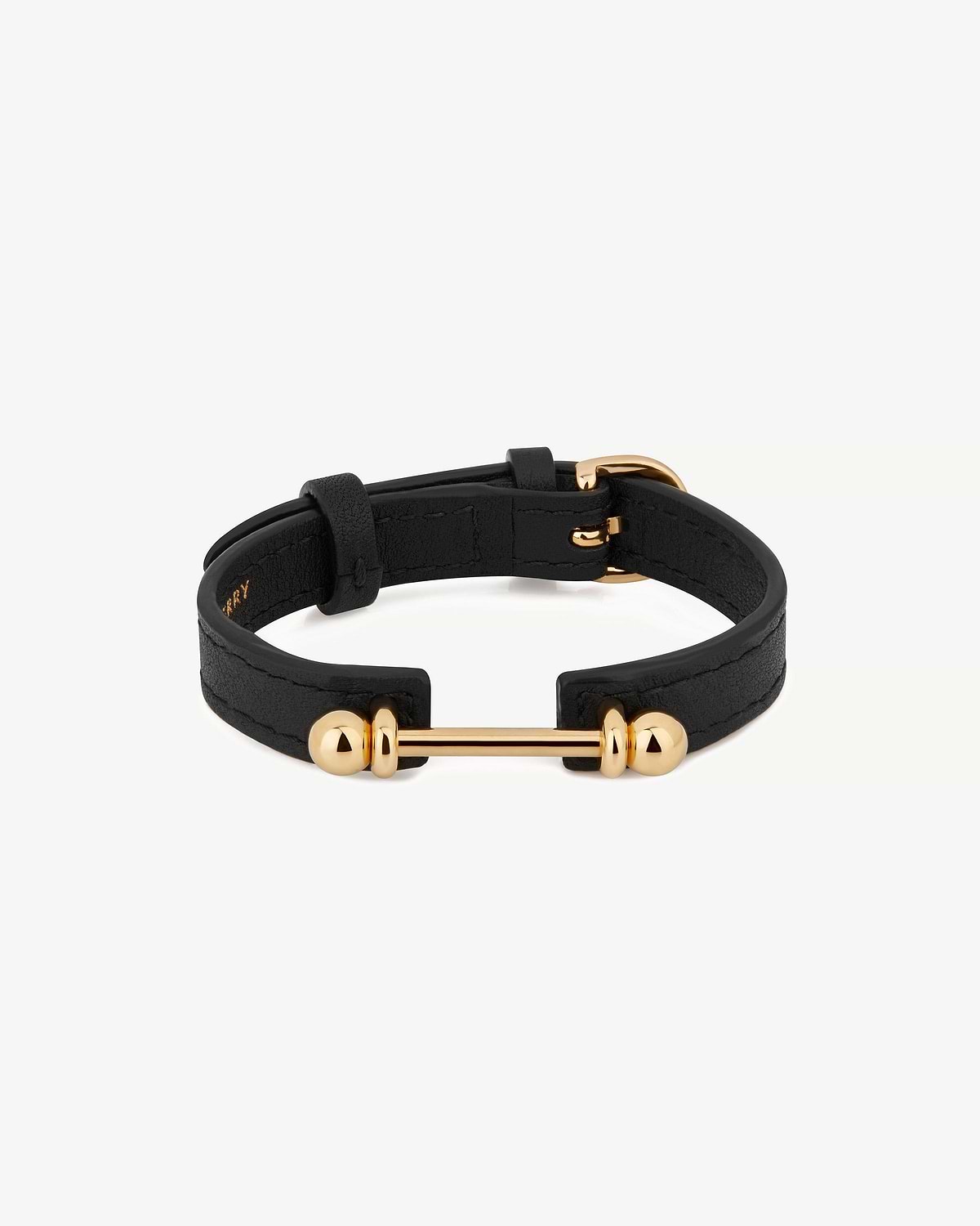 Black leather bracelet with 22 carat gold-gilded bar and buckle.
