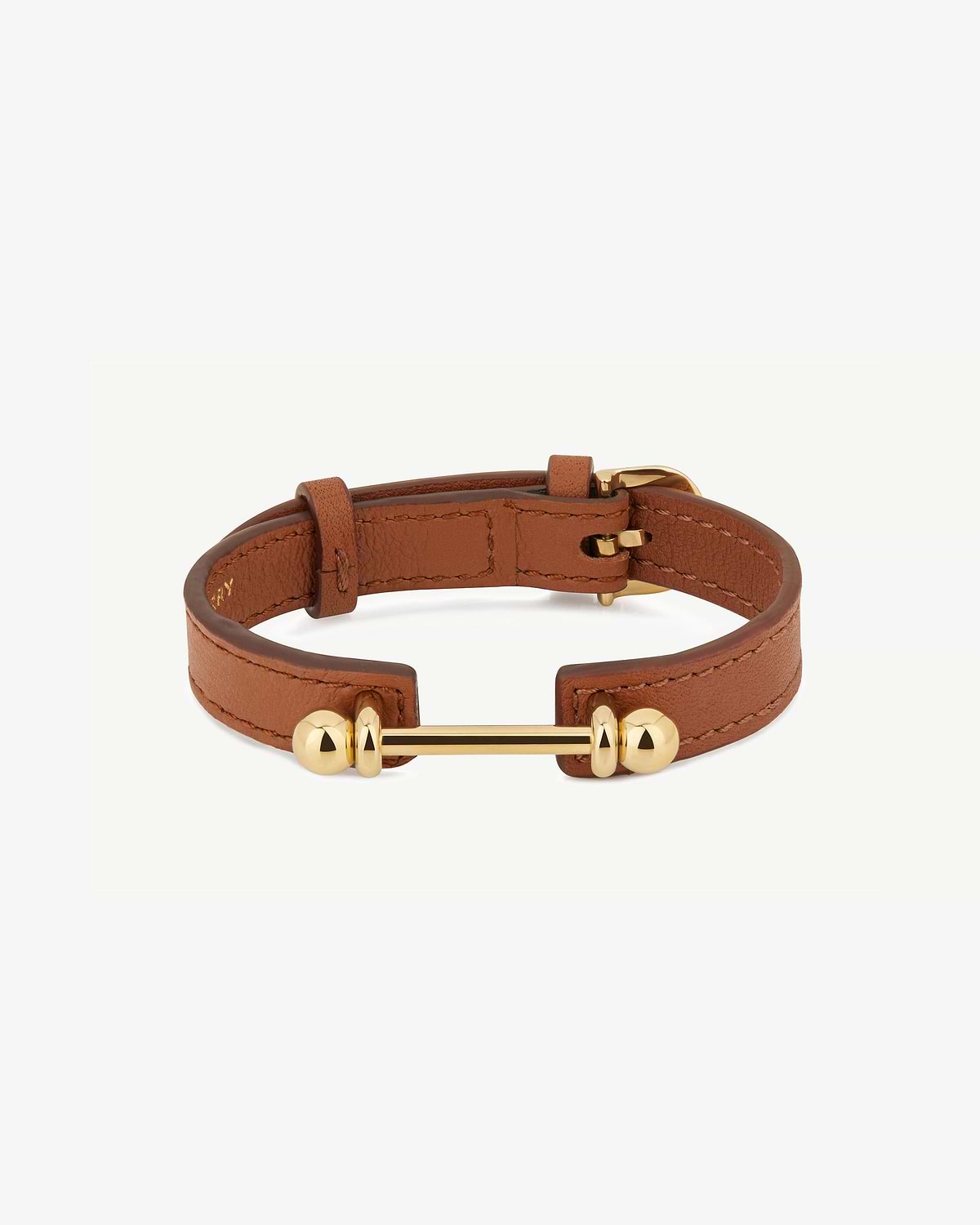 Chestnut leather music bar bracelet with 22-carat gold-gilded bar and buckle.
