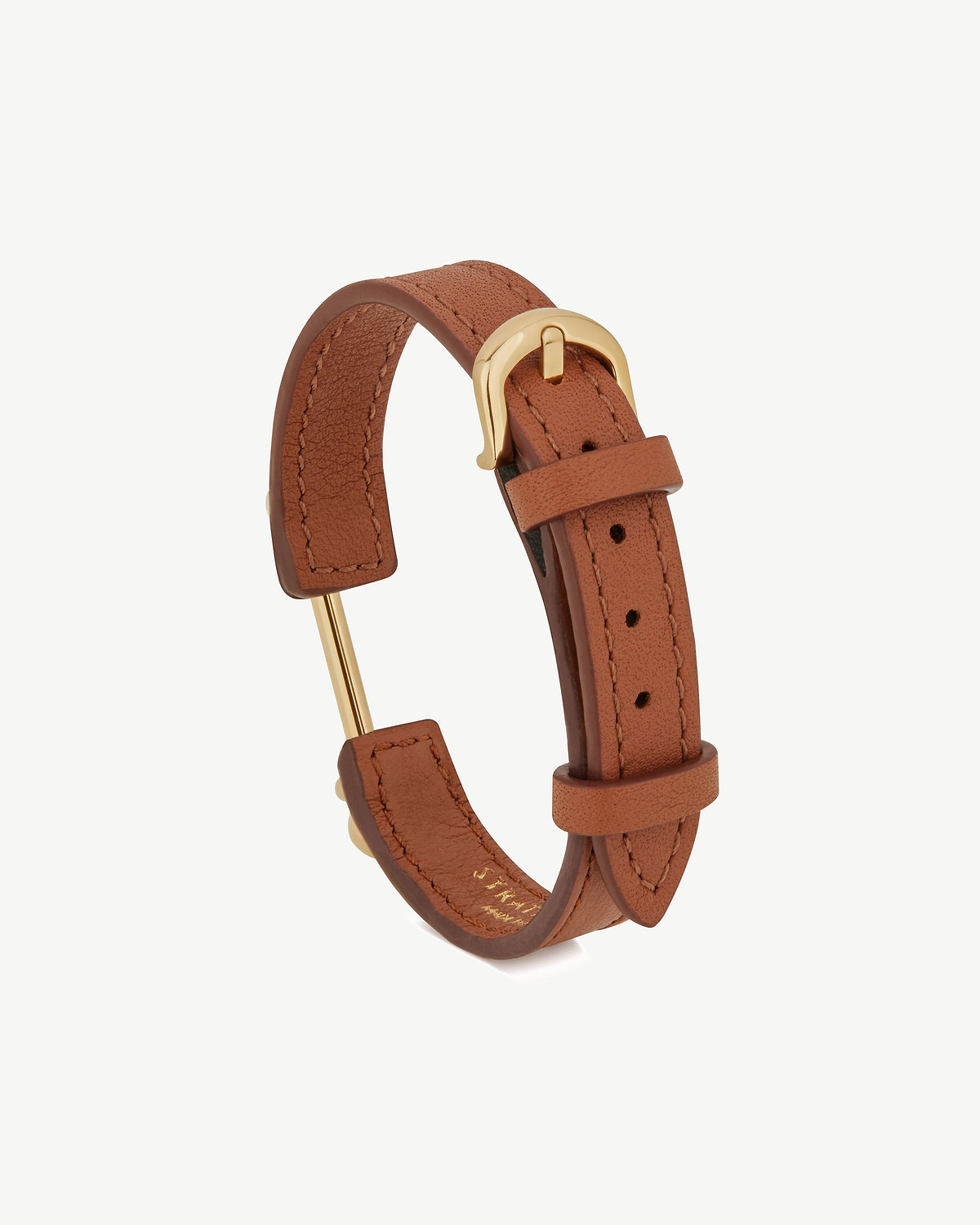 Strathberry chestnut leather music bar bracelet with 22 carat gold bar and buckle