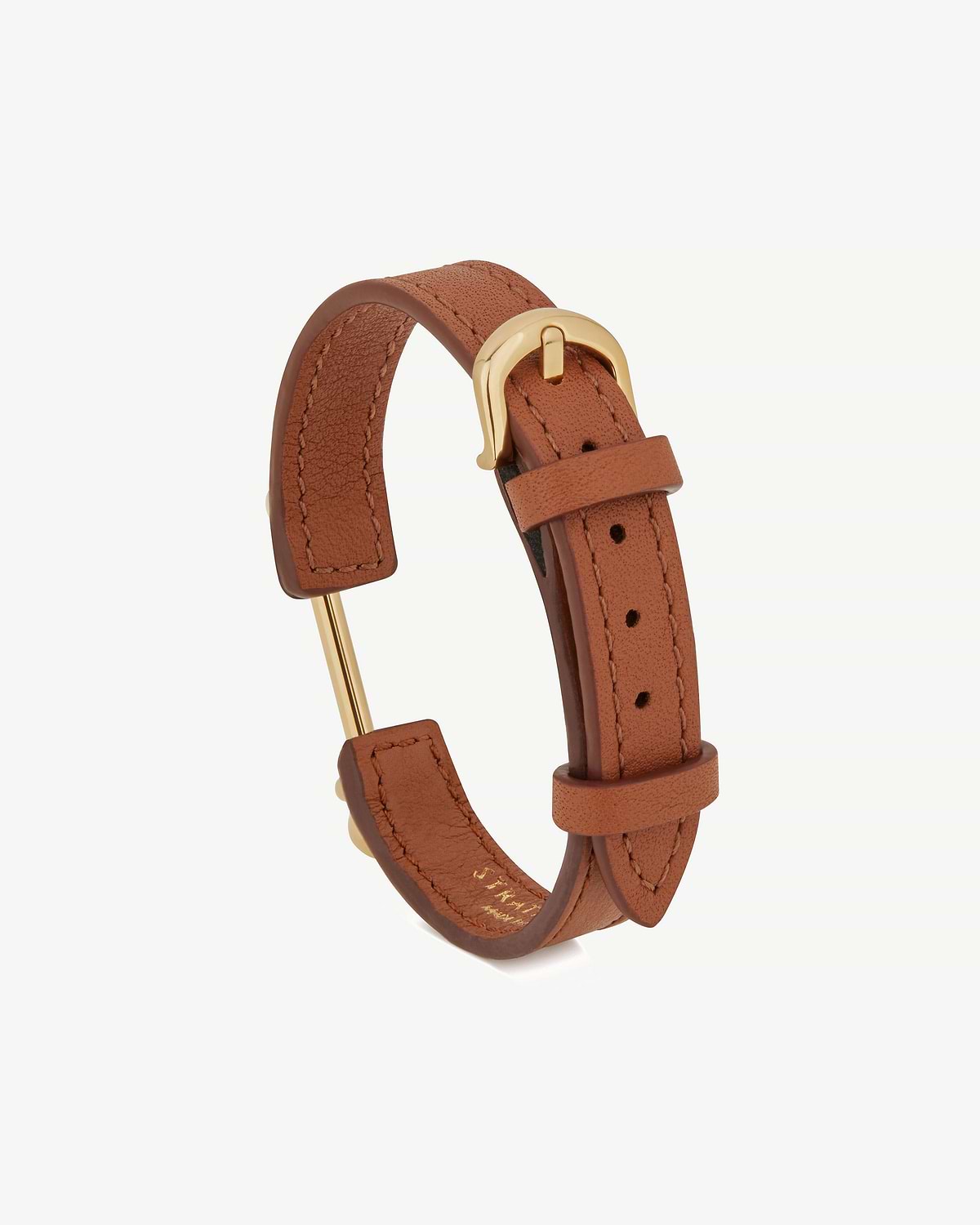 Strathberry chestnut leather music bar bracelet with 22 carat gold bar and buckle