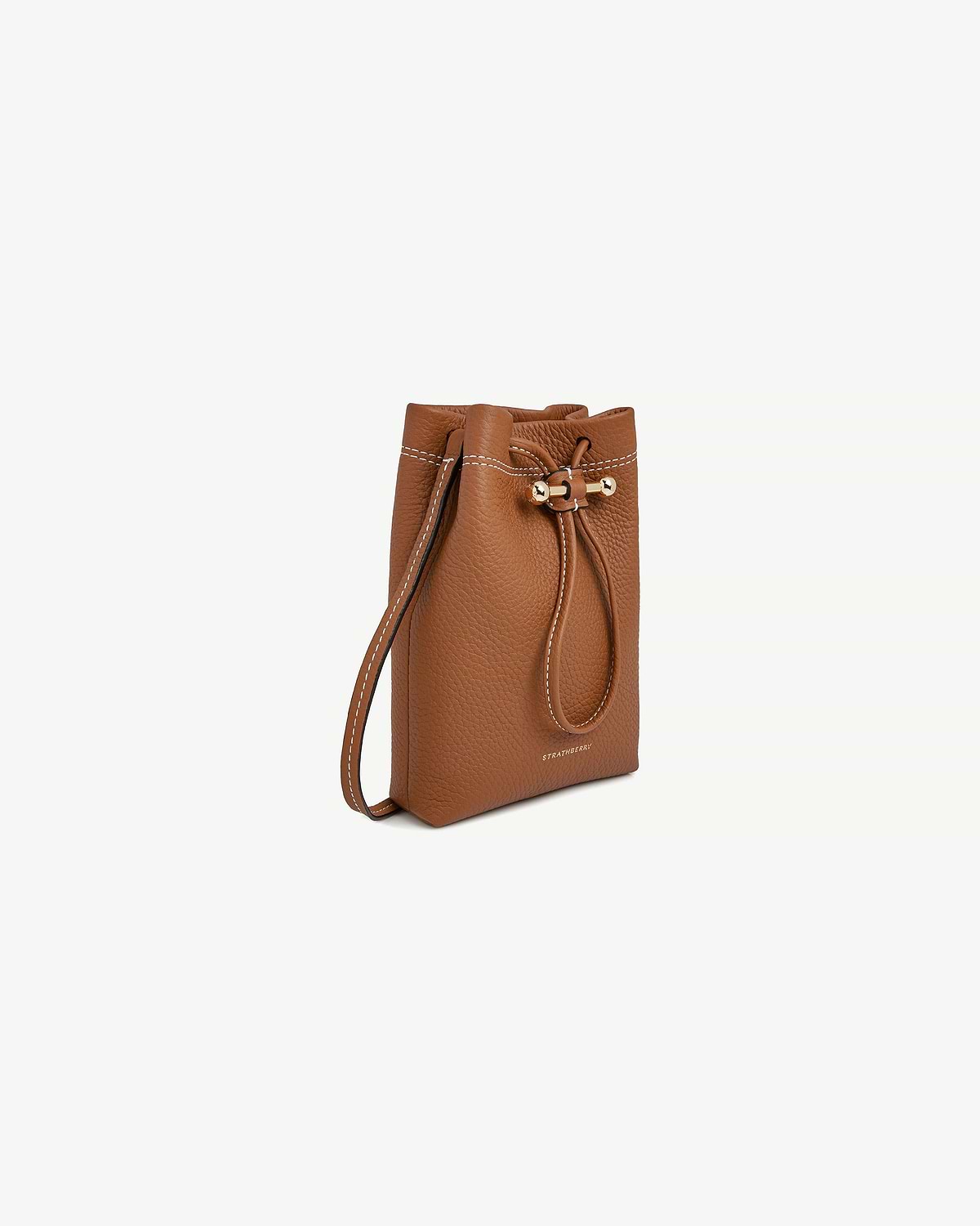 Tan Strathberry Osette midi pouch with drawstring, long strap and gold toggle.