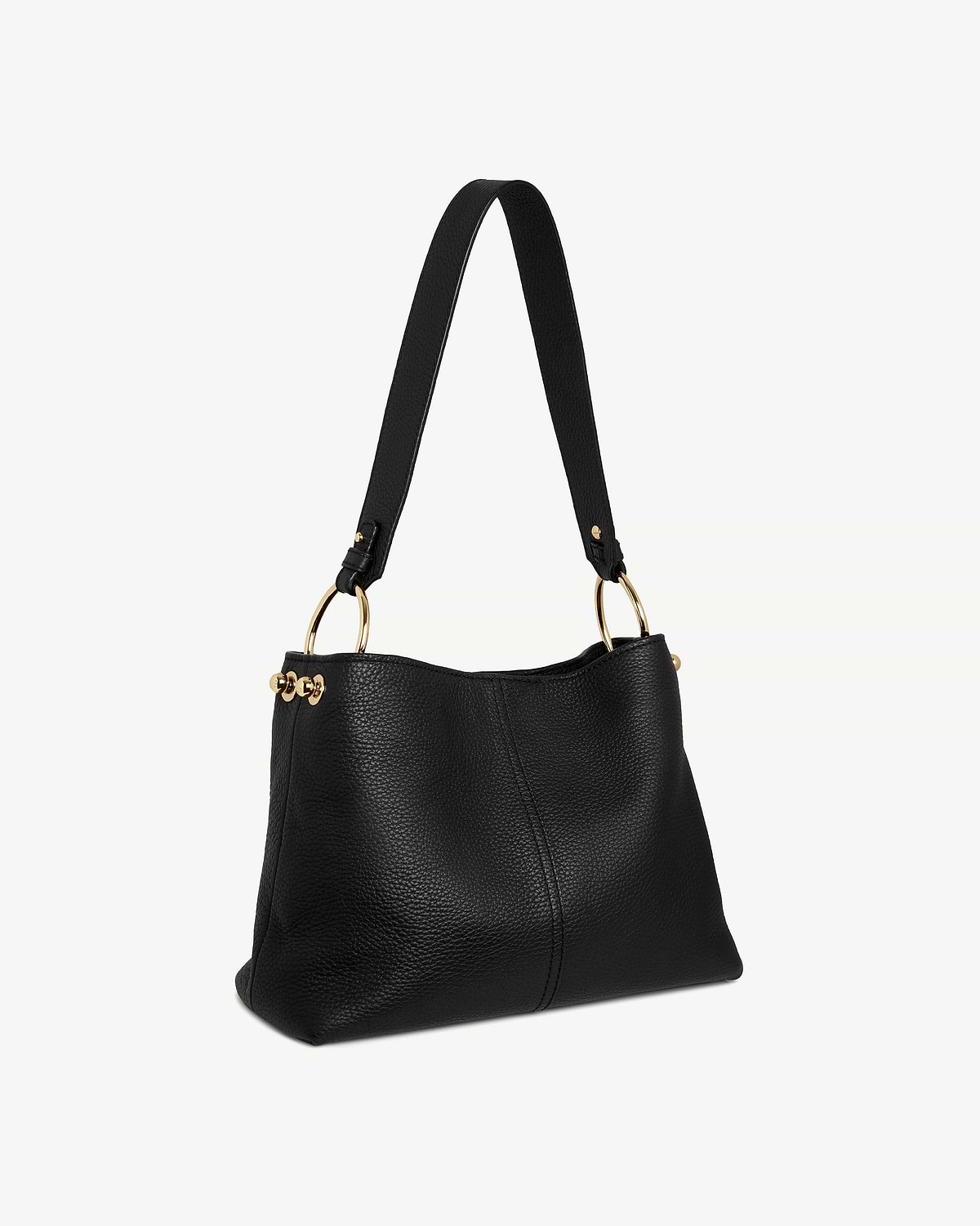 Black hobo bag in pebbled leather with single strap and gold ring hardware.