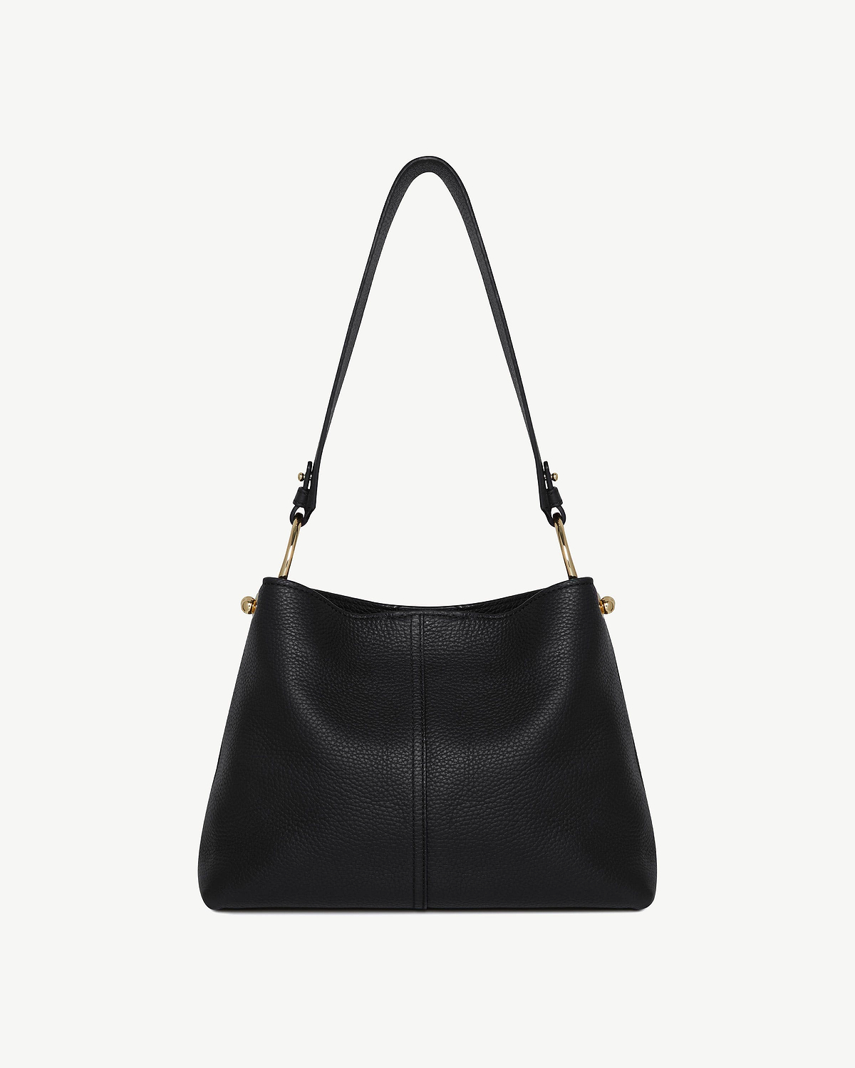 Black pebbled leather hobo bag with single shoulder strap and gold hardware.