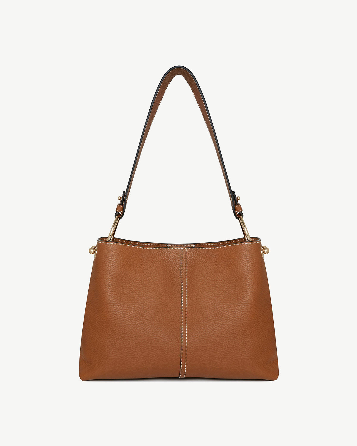 Tan pebbled leather hobo bag with single shoulder strap and centre seam.