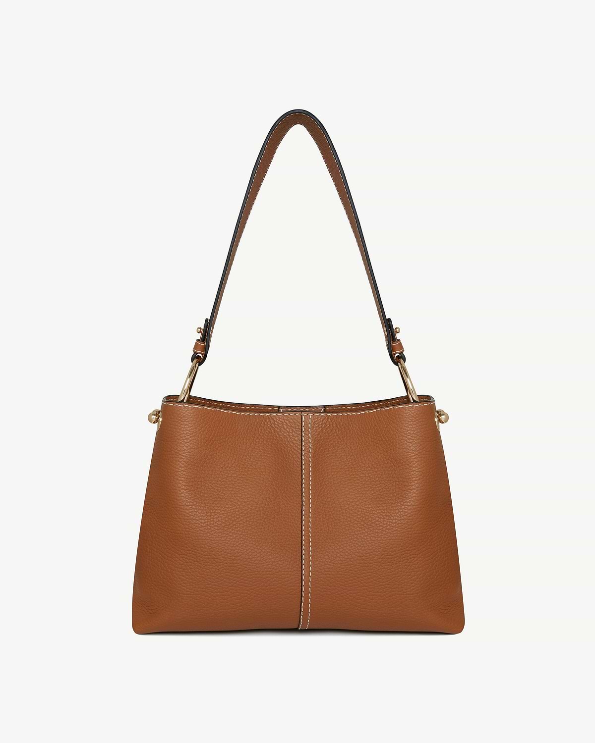 Tan pebbled leather hobo bag with single shoulder strap and centre seam.