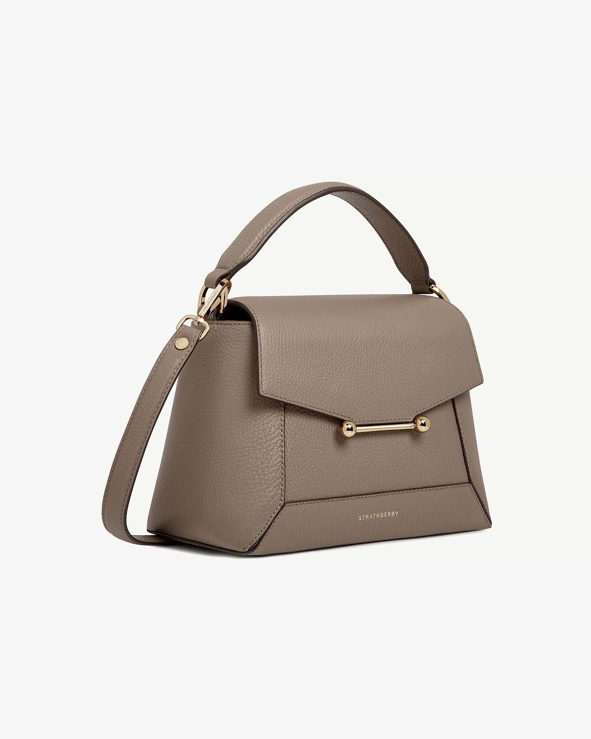Taupe Strathberry mosaic bag with top handle, detachable shoulder strap and gold bar clasp