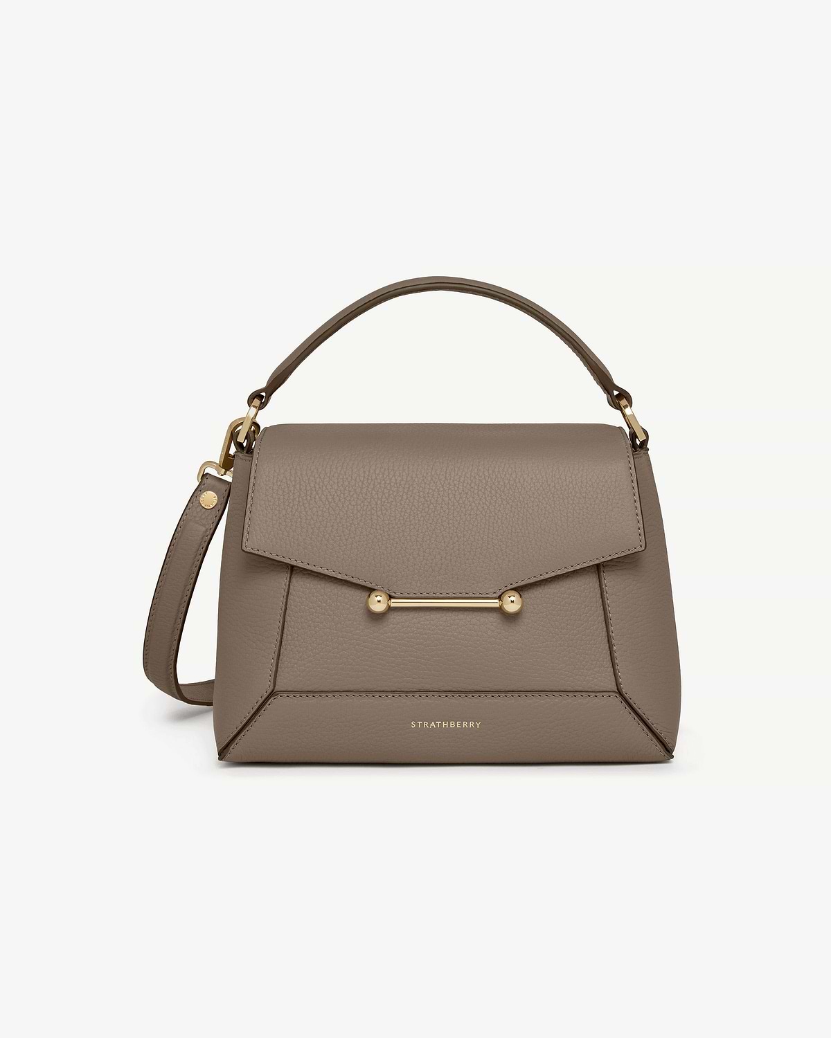 Taupe leather mosaic bag with top handle, gold bar detail, Strathberry logo.