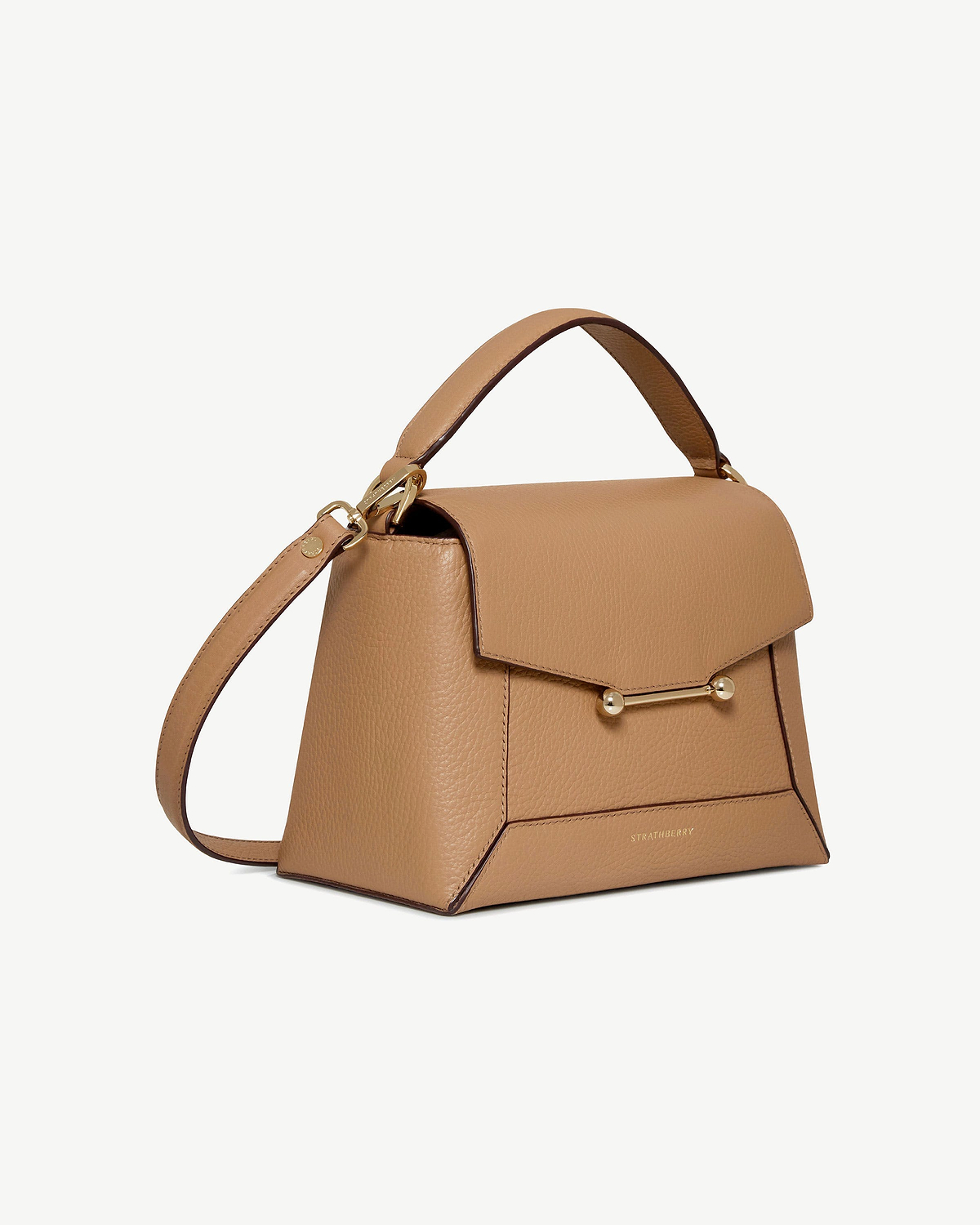 Caramel Strathberry Mosaic bag with top handle, shoulder strap and gold bar hardware.