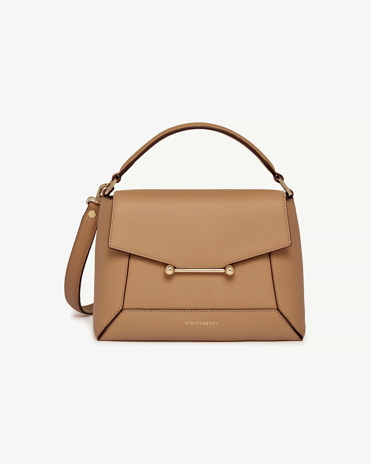 Caramel mosaic bag with top handle, detachable strap, gold bar hardware, Strathberry logo
