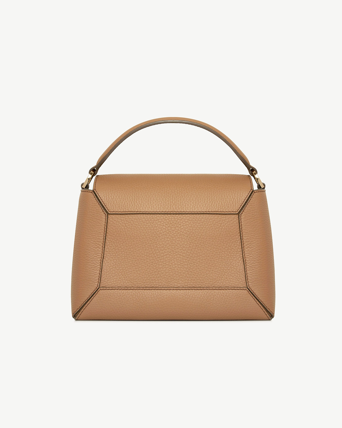 Caramel leather mosaic bag with top handle and geometric stitched panels.