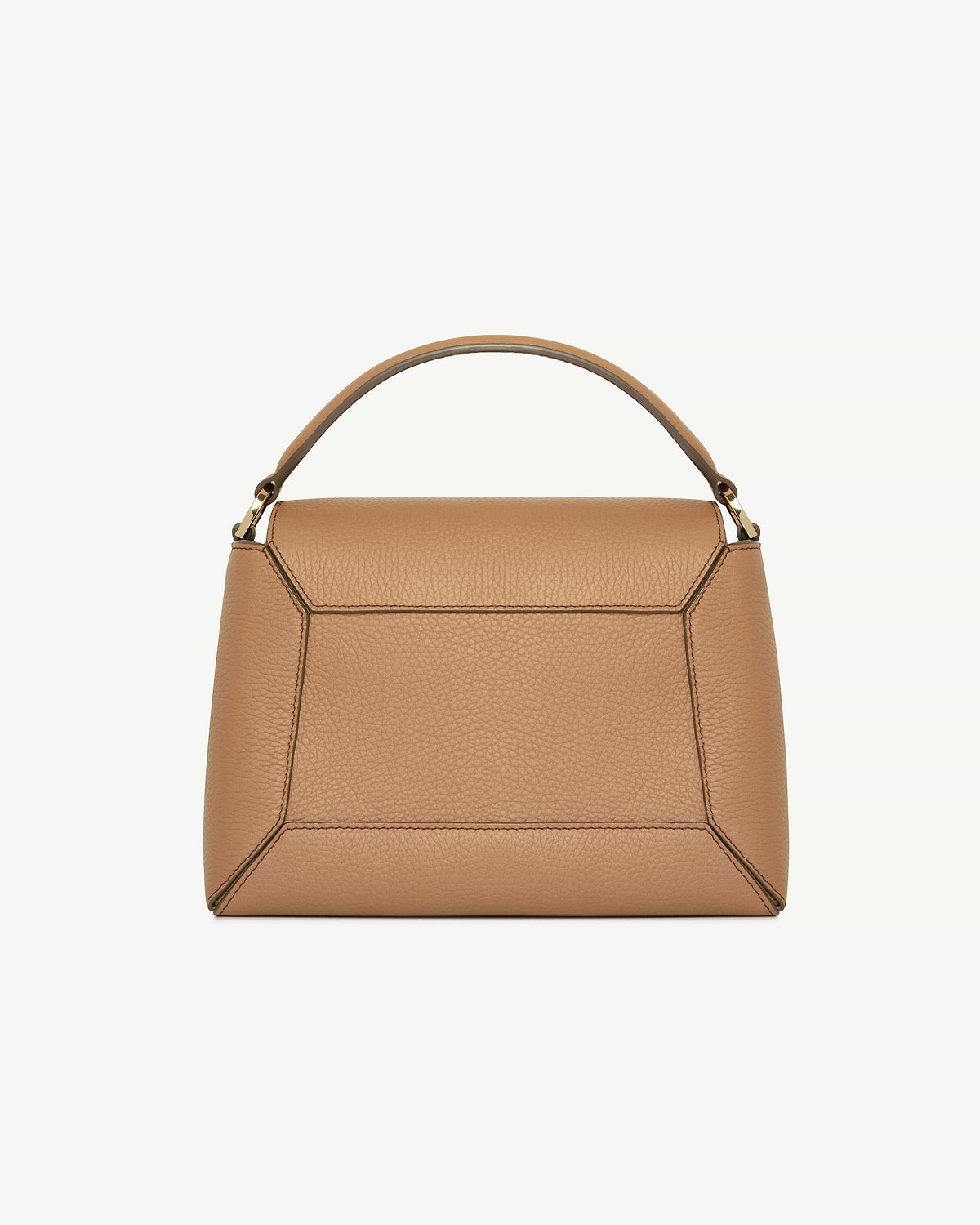 Caramel leather mosaic bag with top handle and geometric stitched panels.