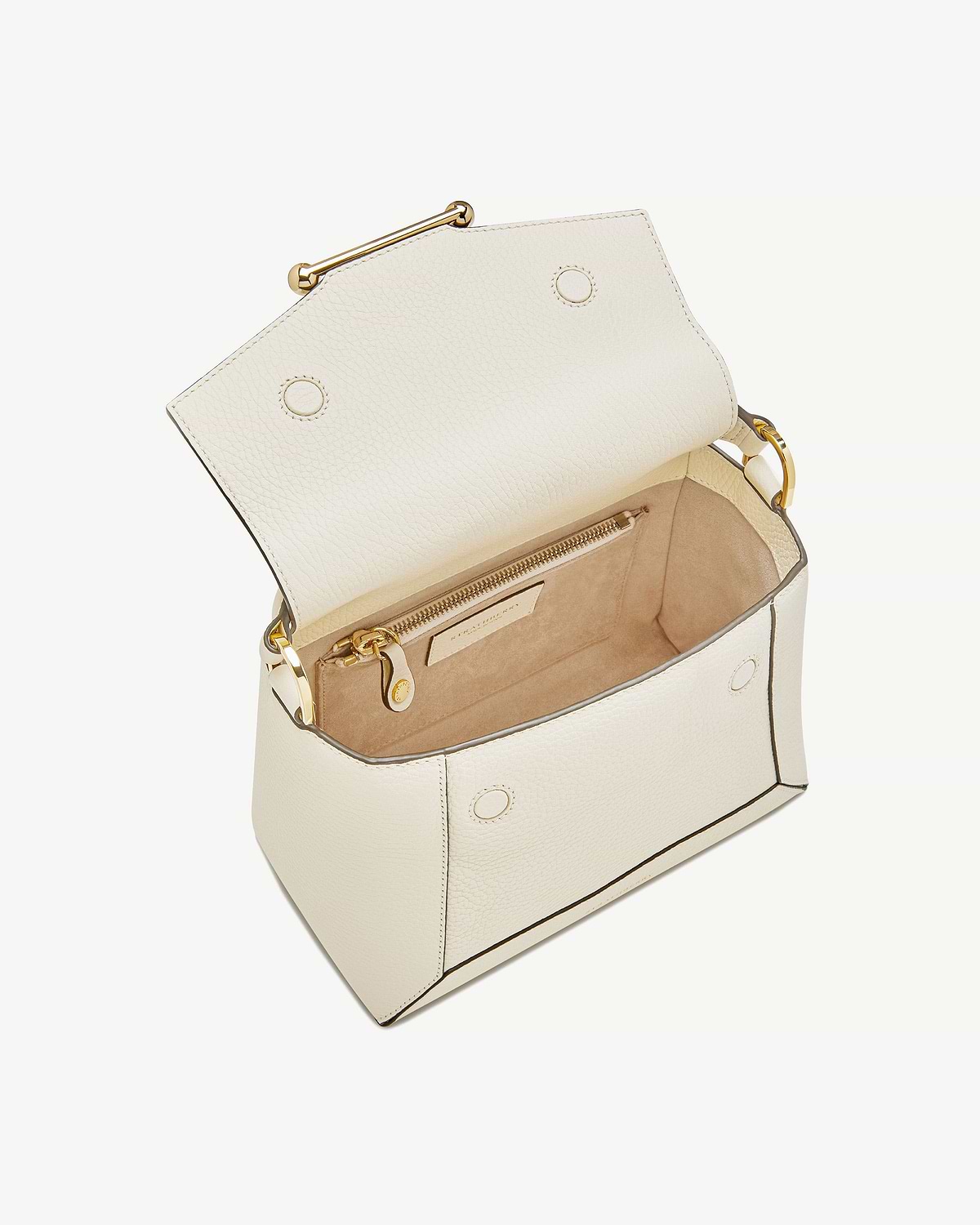 Vanilla leather mosaic bag open showing suede interior and zip pocket.
