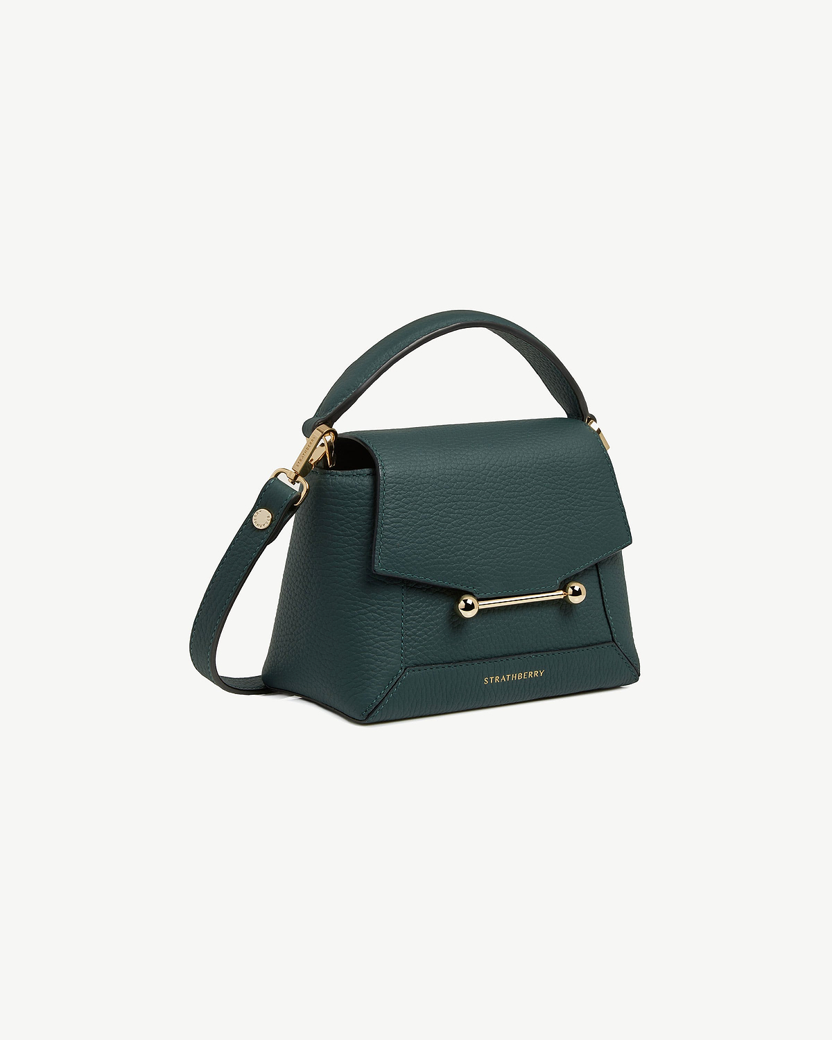 Bottle green Strathberry Mosaic Nano bag with top handle and gold bar clasp